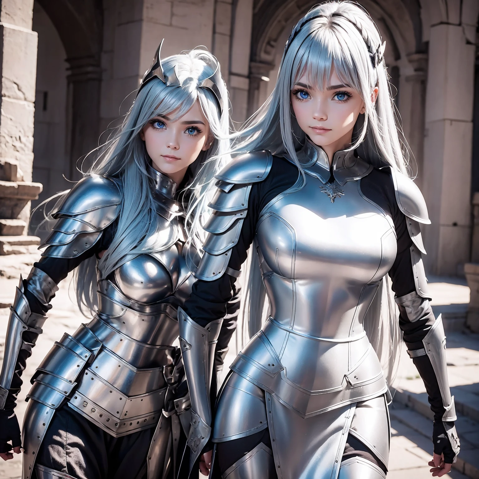 8K woman standing, facing directly at the camera, a beautiful well-turned woman in armor spoiled you, She has medium breasts, rigid armor with raw metal. com pequenos, detalhes de espinhos de ouro, futurista branco, com pequenos detalhes de ouro, seu cabelos muitos longos