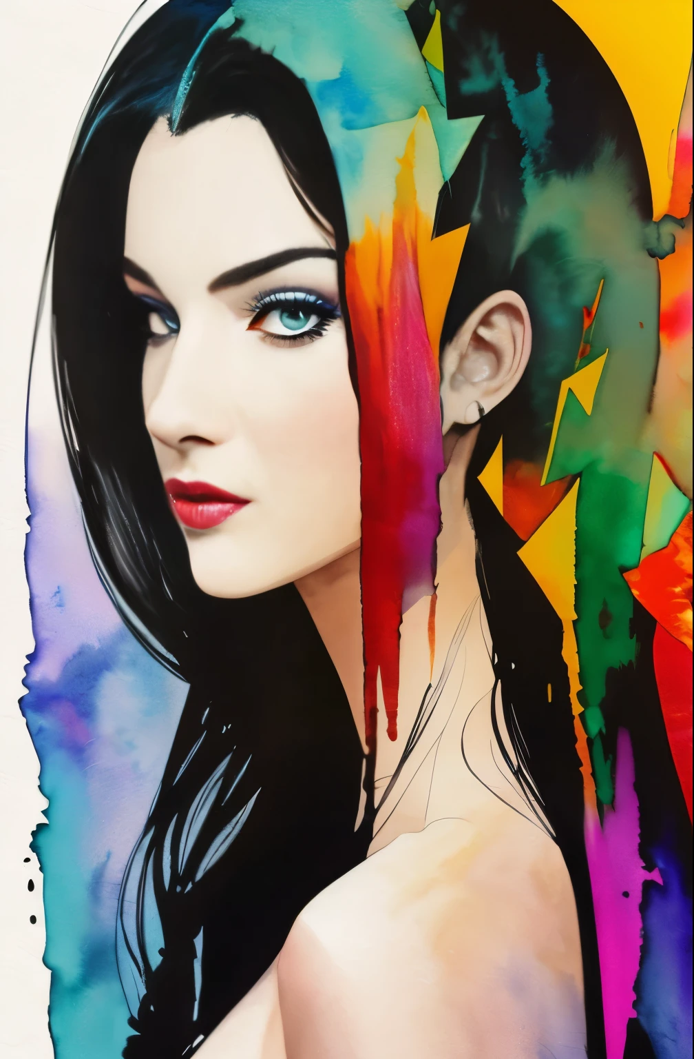 painting of woman, tumbler, figurative art, Intense watercolor painting, watercolor detailed art, Watercolor Splash, surreal, Avant-garde pop art, Beautiful and expressive paintings, Beautiful artwork illustration, very colorful tones, wonderful, cool beauty, highest quality,official art, women only, sharp outline, best shot, vector art, Written by Sandra Chevrier, Dave McKean、by Richard Avedon、Written by Makiezi Kusiala, luminous design