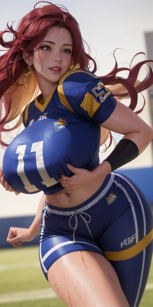 masterpiece:1.2, best quality), realistic, (real picture, intricate details, depth of field), (1girl, solo), make up, parted lips, highly-detailed, perfect face,
(huge breasts:1.4), (skindentation), thick thighs, wide hips, small waist, tall, glossy coral lips,
red hairs, red eyes, long messy hair,
(A girl playing football, blue football uniform), (sweating:1.2), (wet), sexy, blushing,
Body position: Standing, straight, symmetrical, barefoot,
Lustful smile on face with red blush,
