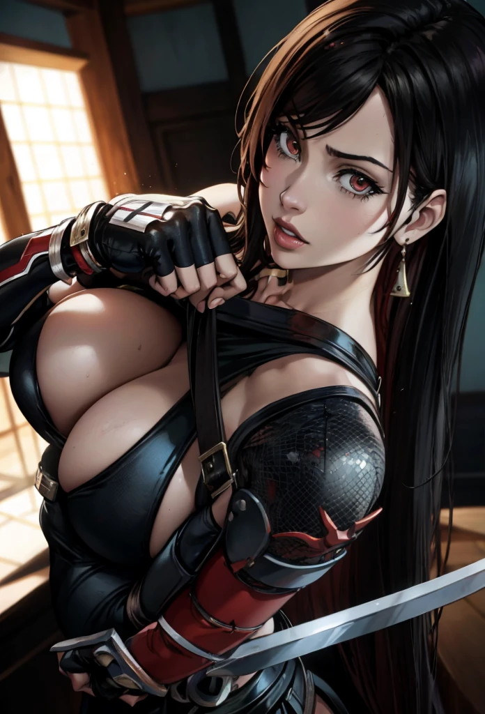 Chica de anime con una espada y un traje negro, seductive retrato de tifa lockhart, tifa lockhart, tifa, retrato de tifa lockhart, portrait ninja gaiden girl, retrato de tifa lockhart, tifa lockheart, Anime rudo 8K, glamorosa tifa lockheart, arte cg anime suave, anime 3d realista, Hermosa asesina, chica anime seductora