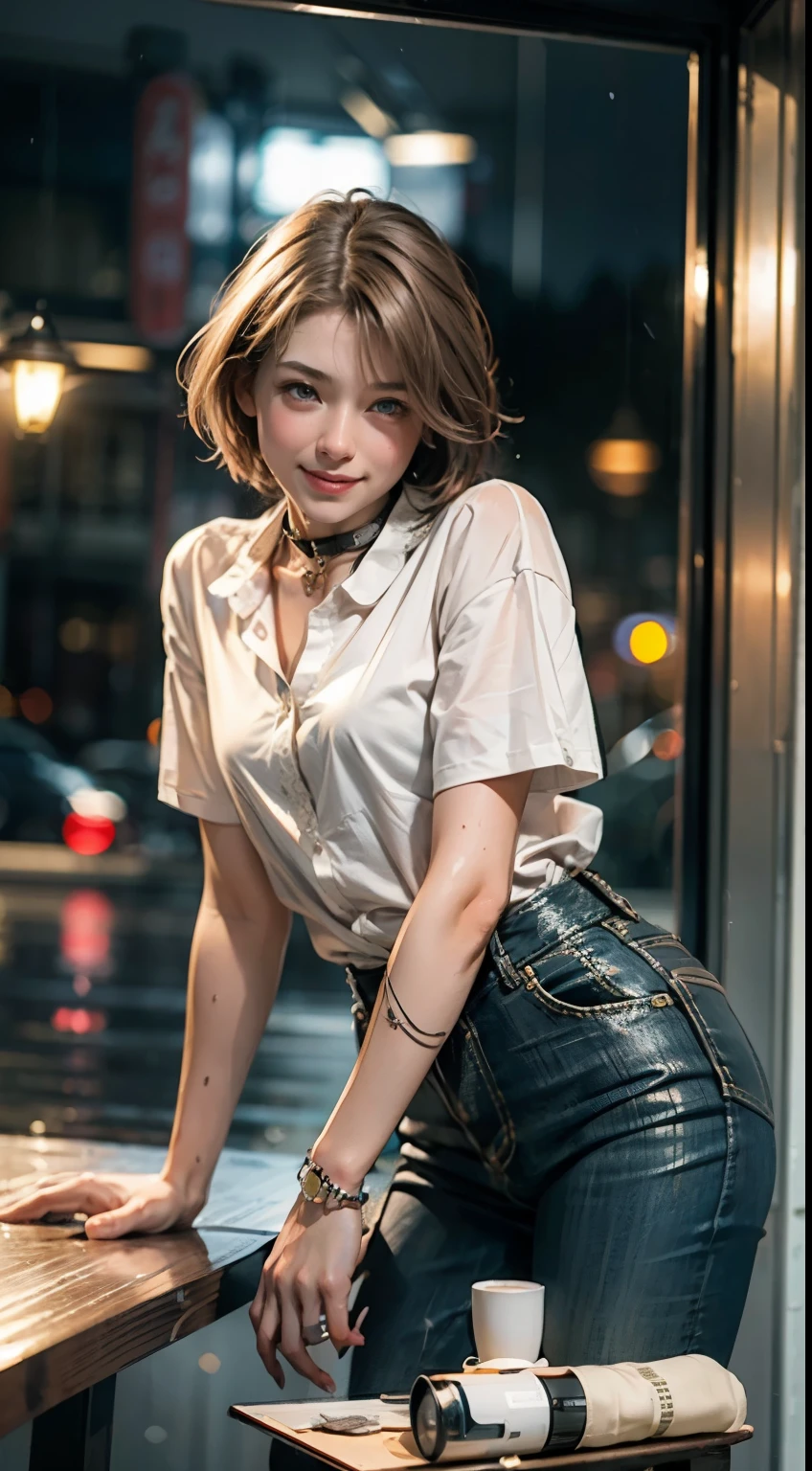 (8k, top quality, masterpiece: 1.2), (realistic, photorealistic: 1.37), super detailed, girl 1 person, 17 years old, solo, small breasts, beautiful detailed sky, detailed café, night, (blush), (smile: 1.15), (closed mouth), small, (shirt with collar: 1.1), night, wet, office clothes, rain, white lace, (short hair: 1.2), floating hair NovaFrogStyle, random sexy poses,