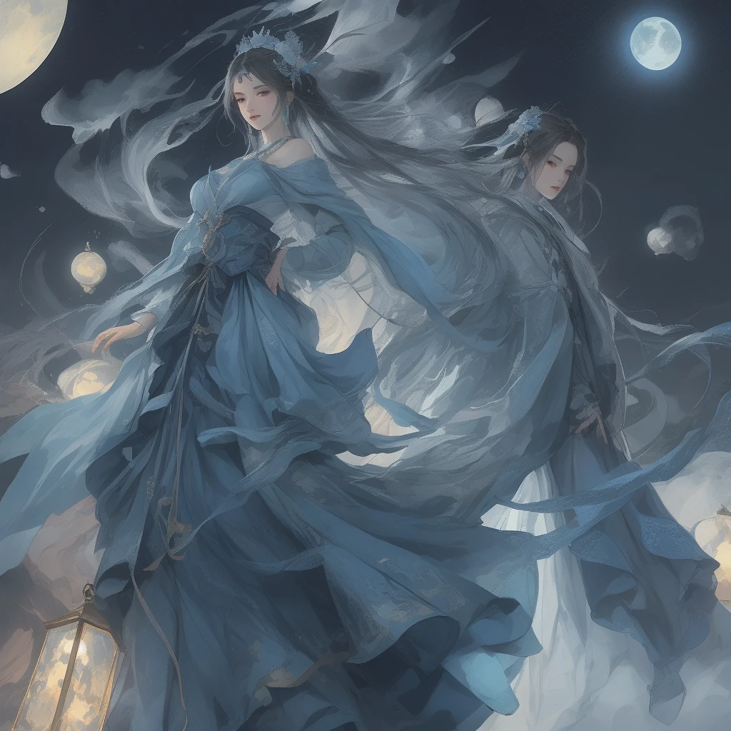 long hair，white hair，blue eyes，blue hanfu，Gorgeous hair accessories，kapok，high resolution， bust，moonlight，chiffon，gorgeous clothes，masterpiece，epic work，clean background，flowing sleeves