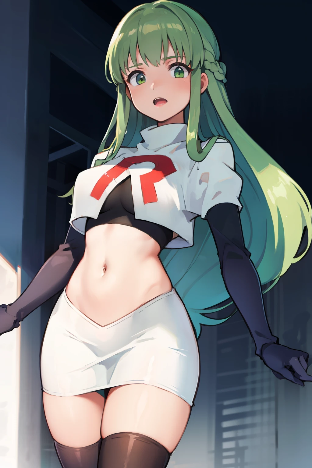 Palla (Fire Emblem), long hair, green hair ,1girl,team rocket,team rocket uniform, red letter R, white skirt,white crop top,black thigh-highs,black elbow gloves, 