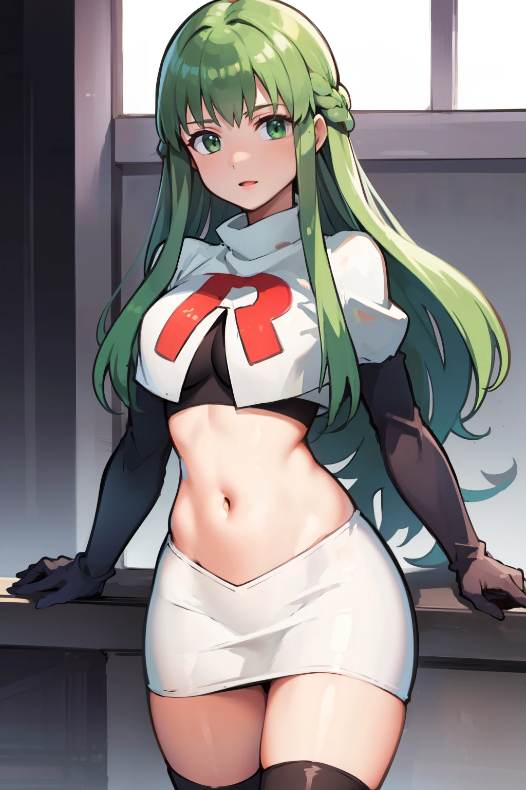 Palla (Fire Emblem), long hair, green hair ,1girl,team rocket,team rocket uniform, red letter R, white skirt,white crop top,black thigh-highs,black elbow gloves, 