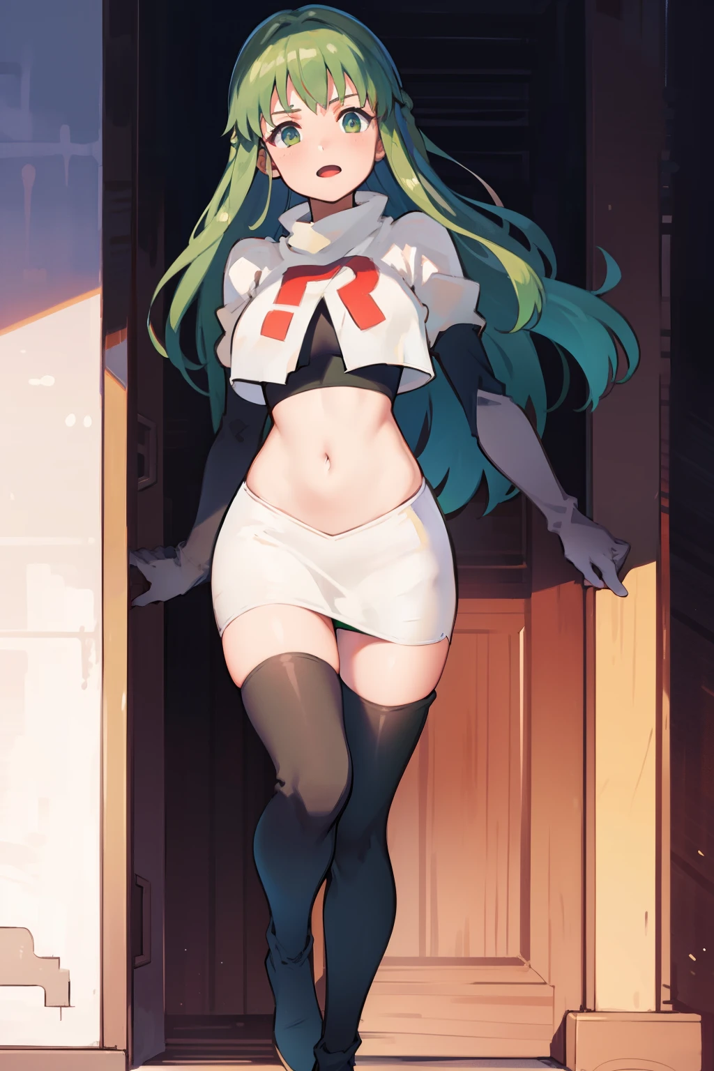 Palla (Fire Emblem), long hair, green hair ,1girl,team rocket,team rocket uniform, red letter R, white skirt,white crop top,black thigh-highs,black elbow gloves, 