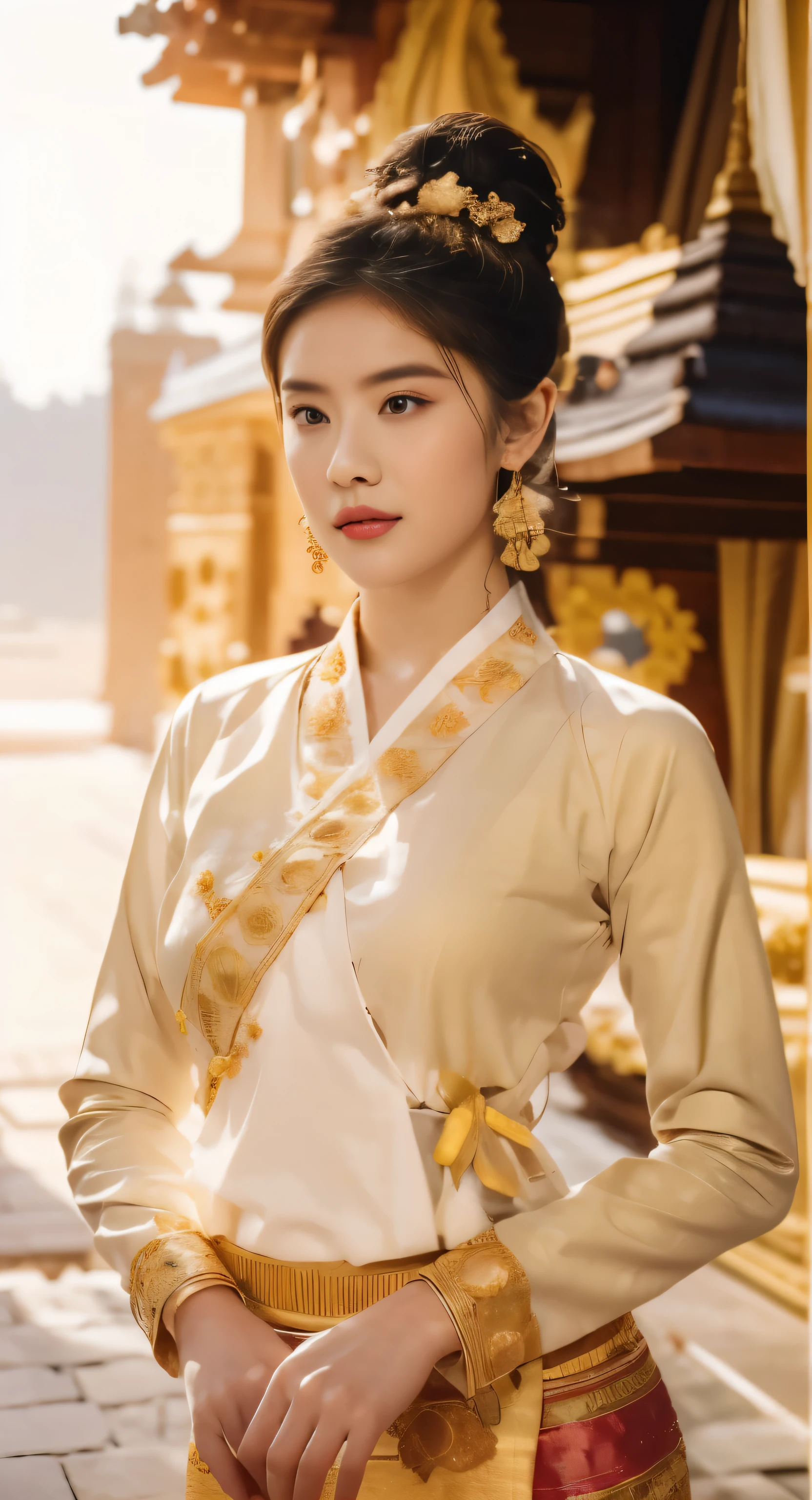 A beautiful young woman of Tai Khun descent, adorned in a meticulously crafted Keng Tong Tai Khun traditional outfit, stands gracefully against the backdrop of the majestic Bagan temples. Her attire shimmers with intricate embroidery and gold accents, each element carefully chosen to reflect the rich cultural heritage of her people.

Details:

Facial features: The woman's face is radiant and youthful, with delicate features and captivating eyes that sparkle with warmth and intelligence. Her hair is styled in a messy bun adorned with fresh flowers and secured with a gold pin, adding a touch of elegance and whimsy.
Traditional outfit: The Keng Tong Tai Khun outfit is a top tank style masterpiece of craftsmanship, featuring vibrant silks, intricate embroidery, and delicate gold embellishments. The long, flowing skirt cascades gracefully around her legs, while the fitted bodice accentuates her slender figure. A traditional headdress adds a regal touch to her ensemble.
Accessories: The woman's beauty is further enhanced by a dazzling array of traditional jewelry. Bangle bracelets encircle her wrists, a statement necklace adorns her neck, and delicate earrings dangle from her ears. Each piece is intricately crafted and adds a touch of luxury to her overall look.
Bagan temples background: The ancient Bagan temples provide a breathtaking backdrop for the portrait. Their weathered brickwork and towering spires add a touch of grandeur and mystery to the scene. The warm hues of the sunrise or sunset bathe the temples in a golden glow, creating a truly magical atmosphere.