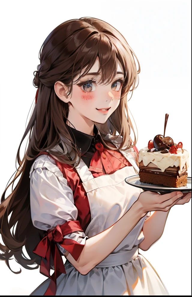 girl、white background、no background、reddish brown hair、long hair、Contrasting bangs、white dress、Red Ribbon、frills、wearing an apron、Baking、chocolate、blush、smile、cute、no background