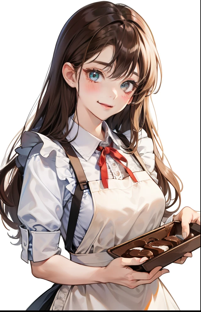 girl、white background、no background、reddish brown hair、long hair、Contrasting bangs、white dress、Red Ribbon、frills、wearing an apron、Baking、chocolate、blush、smile、cute、no background