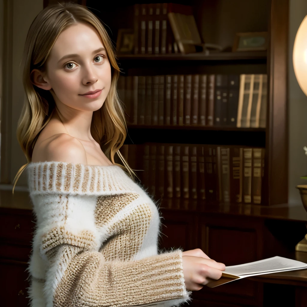 (Zoe Kazan:Krysten Ritter:0.5), formal private study room, bookshelves, dark wood, painting, medium cowboy shot, sw3ater, off shoulder, sweater, off-shoulder sweater, fuzzy sweater, hidden breasts, clothed breasts, slacks, very long wavy blonde hair, (big gigantic huge breasts:1.25), (large colossal oppai breasts:1.25), hands down, arms down, soft lighting