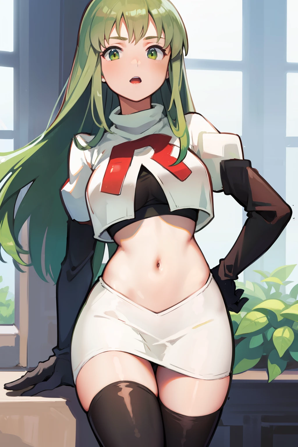 Palla (Fire Emblem), long hair, green hair ,1girl,team rocket,team rocket uniform, red letter R, white skirt,white crop top,black thigh-highs,black elbow gloves, 