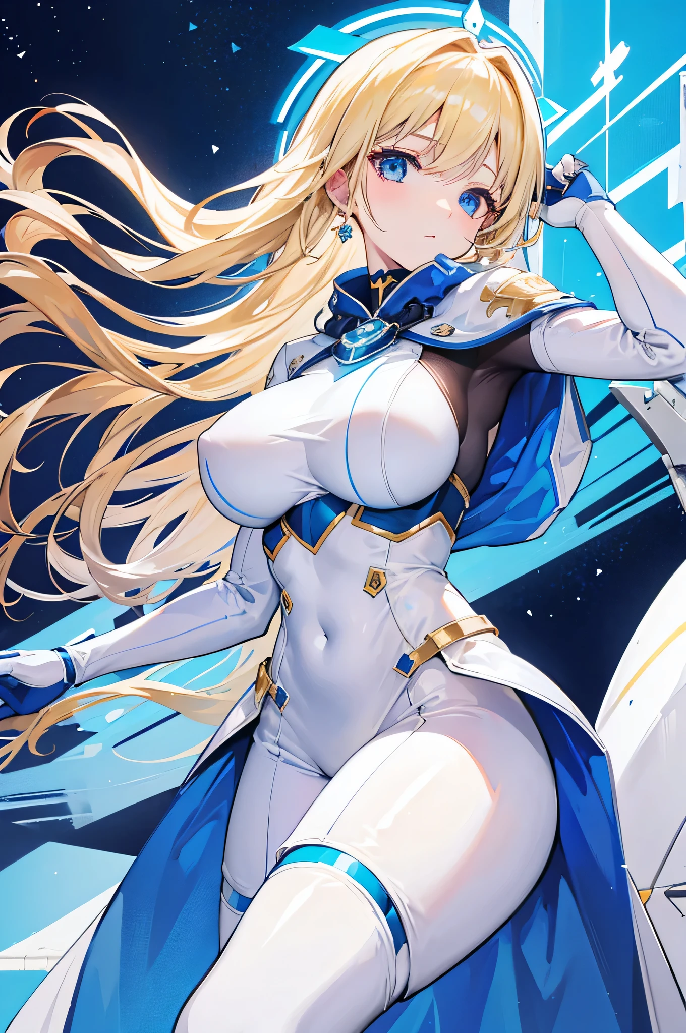 4K,High resolution,one woman,blonde,long hair,blue eyes,big breasts,younger sister,white tight cyber suit,white hood,blue clothes,gold decoration,cross decoration,city of the future,church