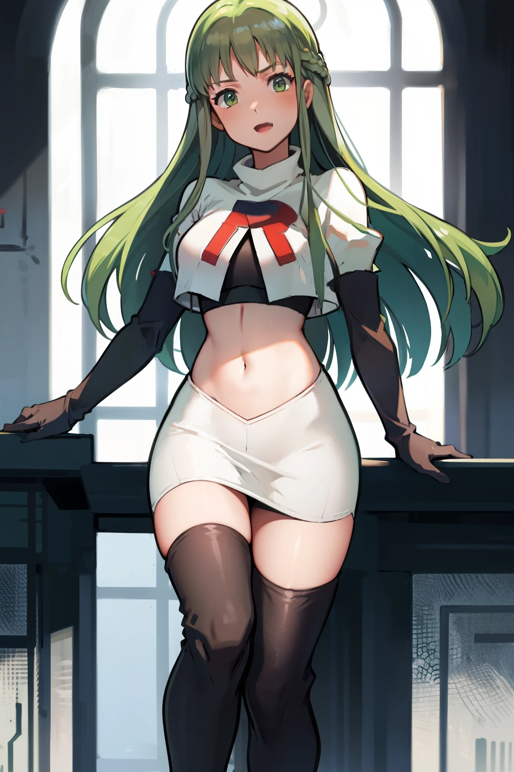 Palla (Fire Emblem), long hair, green hair ,1girl,team rocket,team rocket uniform, red letter R, white skirt,white crop top,black thigh-highs,black elbow gloves, 