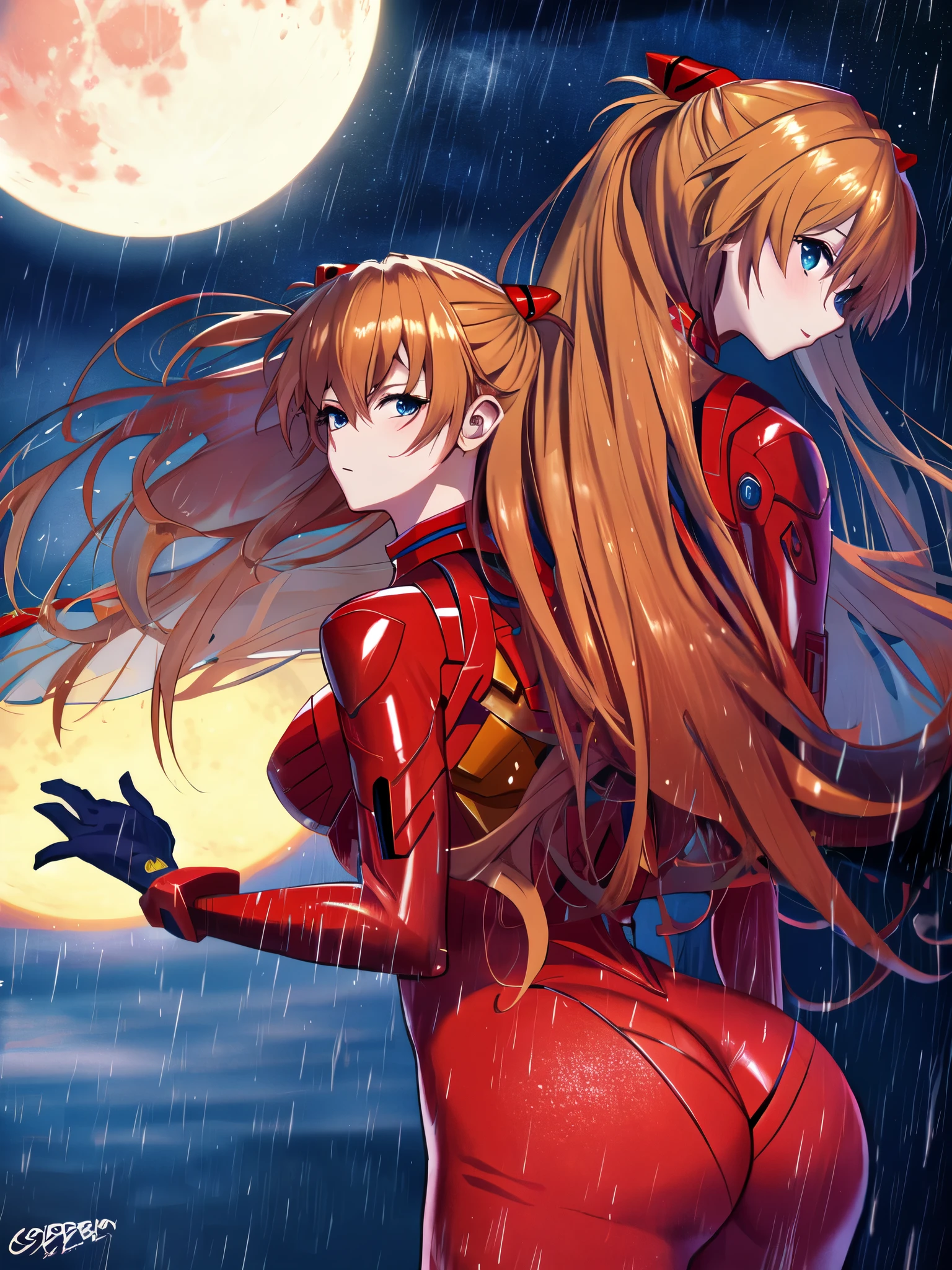 Asuka Langley ,masterpiece, best quality,,city,cyperpunk,night,rain,moon, HUGE ASS, BACK VIEWER, BLUSH, SEDUCTIVE LOOK,破れた服