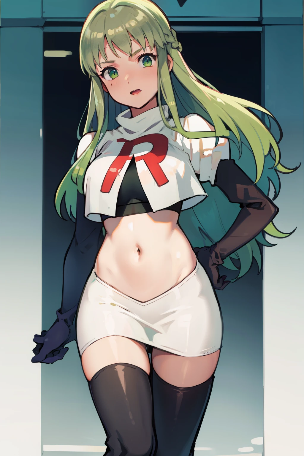 Palla (Fire Emblem), long hair, green hair ,1girl,team rocket,team rocket uniform, red letter R, white skirt,white crop top,black thigh-highs,black elbow gloves, 