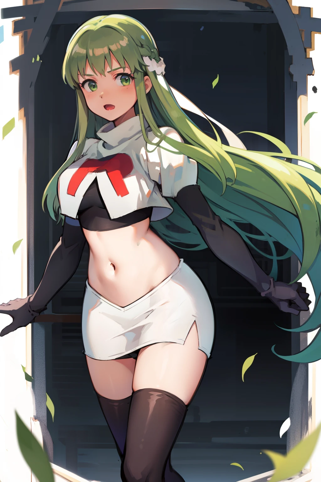 Palla (Fire Emblem), long hair, green hair ,1girl,team rocket,team rocket uniform, red letter R, white skirt,white crop top,black thigh-highs,black elbow gloves, 