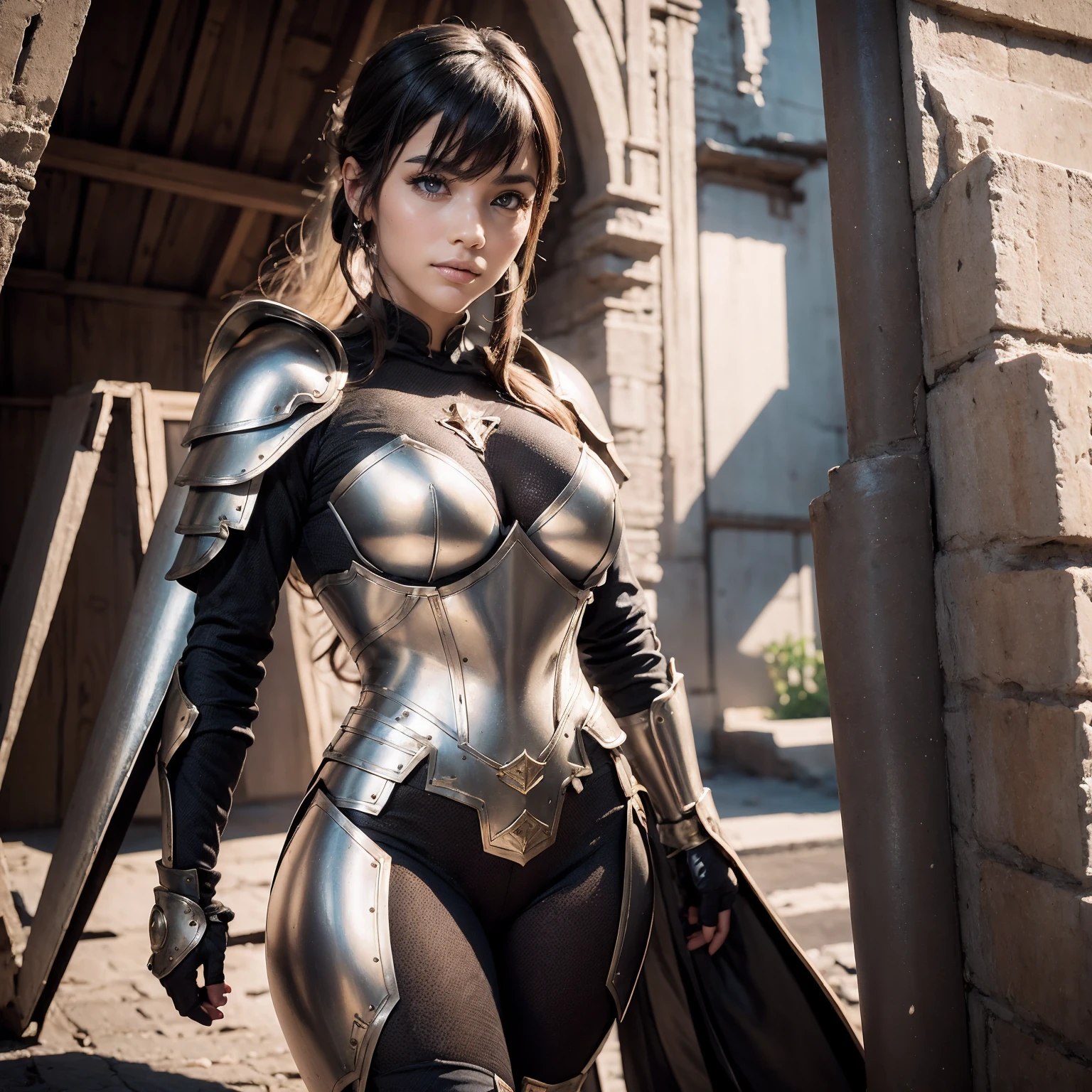 8K woman standing, facing directly at the camera, a beautiful well-turned woman in armor spoiled you, she has medium breasts hard armor with raw metal. com pequenos, detalhes de ouro e espinhos de ouro, futurista, com pequenos detalhes de ouro, seu cabelos muitos longos, branco