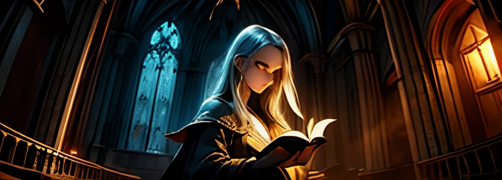 ((obra-prima)), ((melhor qualidade)), ((cinematic lighting): 1.0), uma bruxa, cabelo branco, pale skin, olhos vermelhos, holding an open grimoire. ((Behind her, various demonic creatures look at the book, preparing to leave your hellish prison): 1.2).