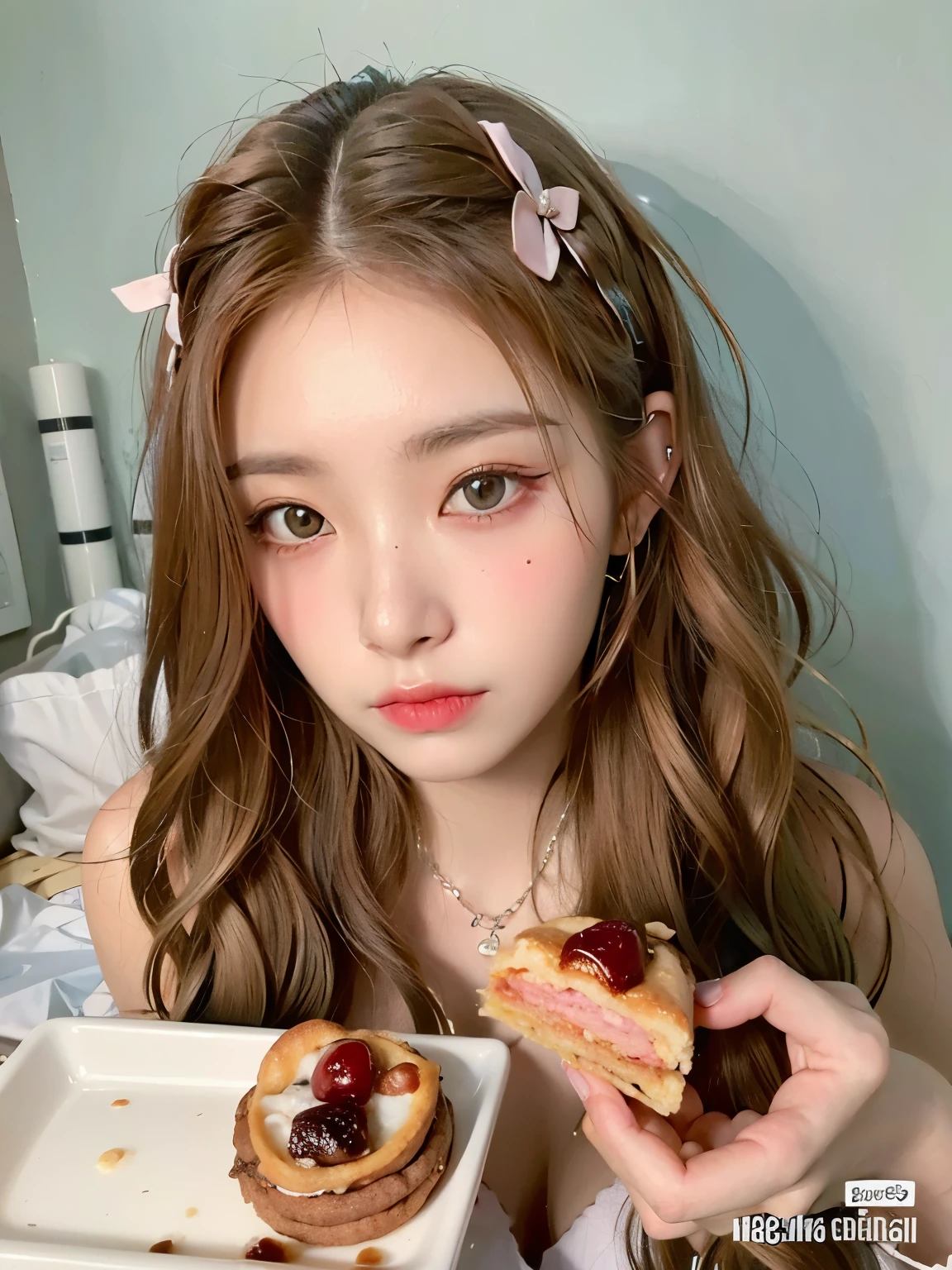 Una chica con el pelo largo sosteniendo un plato de comida y un pastelito., ulzzang, jossi de blackpink, retrato realista kawaii, ilya kuvshinov con pelo largo, linda chica kawaii, chica anime en la vida real, muchacha coreana, bella delfina, peinado kawaii, chica joven y linda, Cute aesthetics with flutter, con pelo largo y ojos penetrantes