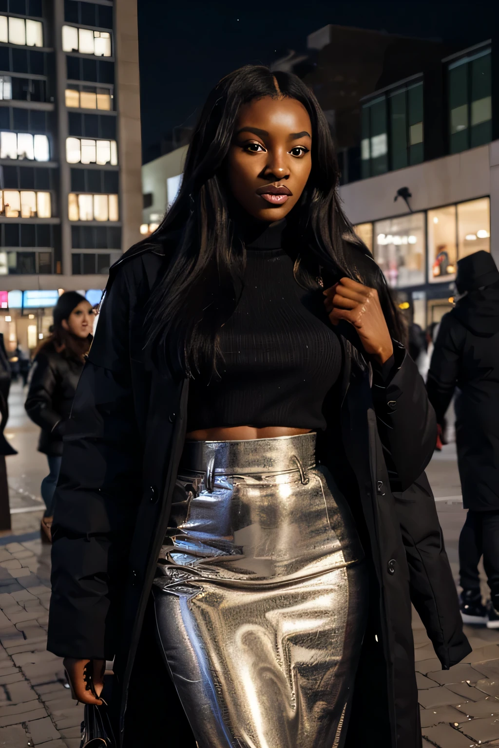 a young African influencer aged 40 with straight long black hair a radiant dark complexion ,wearing winter clothing , highlighting her slightly slender African curves and with the face of an angel, holding iphone , night time