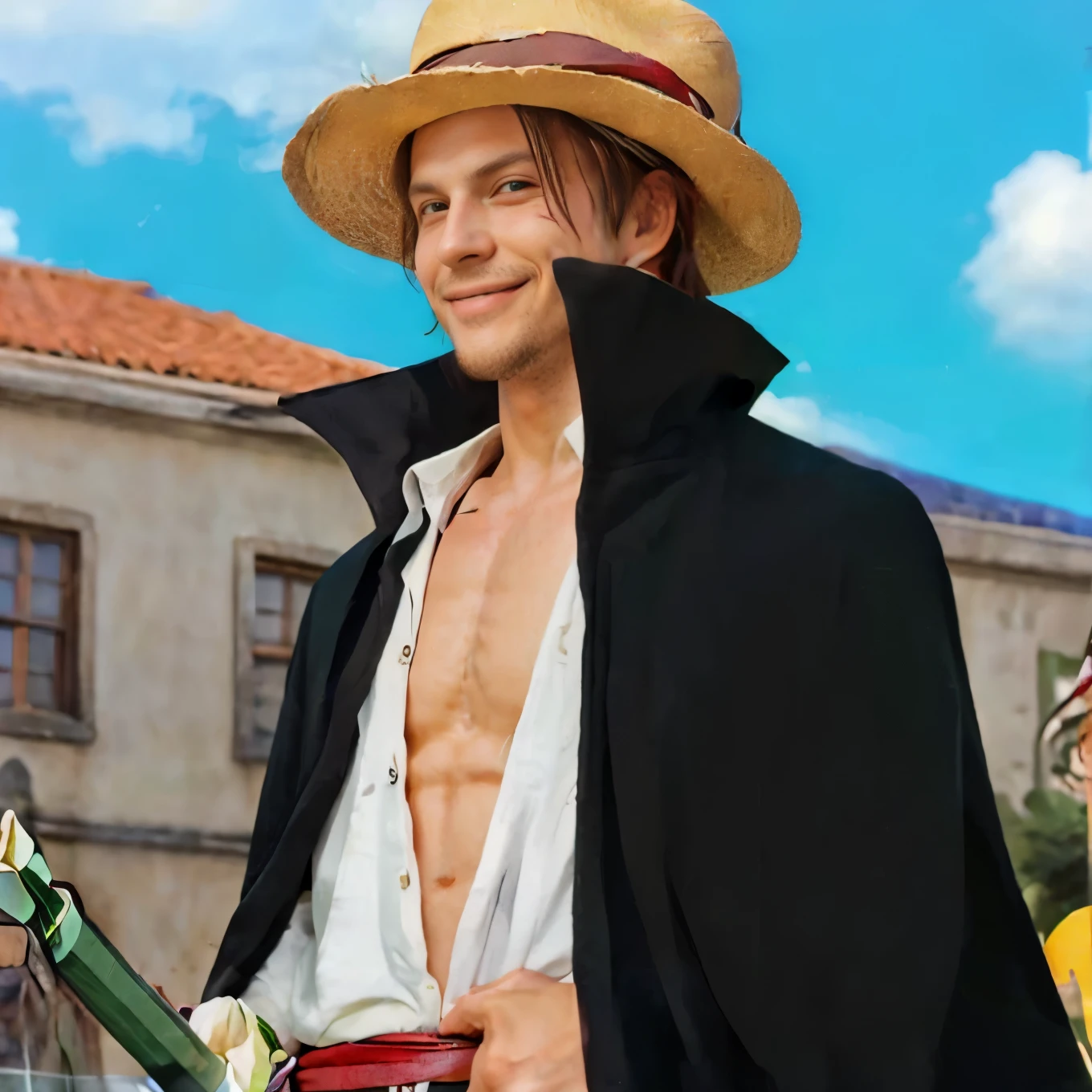 (masterpiece), (realistic), (ultra detailed), ( high reest quality), (photorealistic), (perfect face), (perfect anatomy), man, male, solo, ameican, (((20 years old))), ((muscular)), shanks from one piece, shanks, red hair, wears white clothes, wears a black robe, wearing a straw hat, (((there is a green sword at the character's waist))), (((the character's mouth is smiling)))