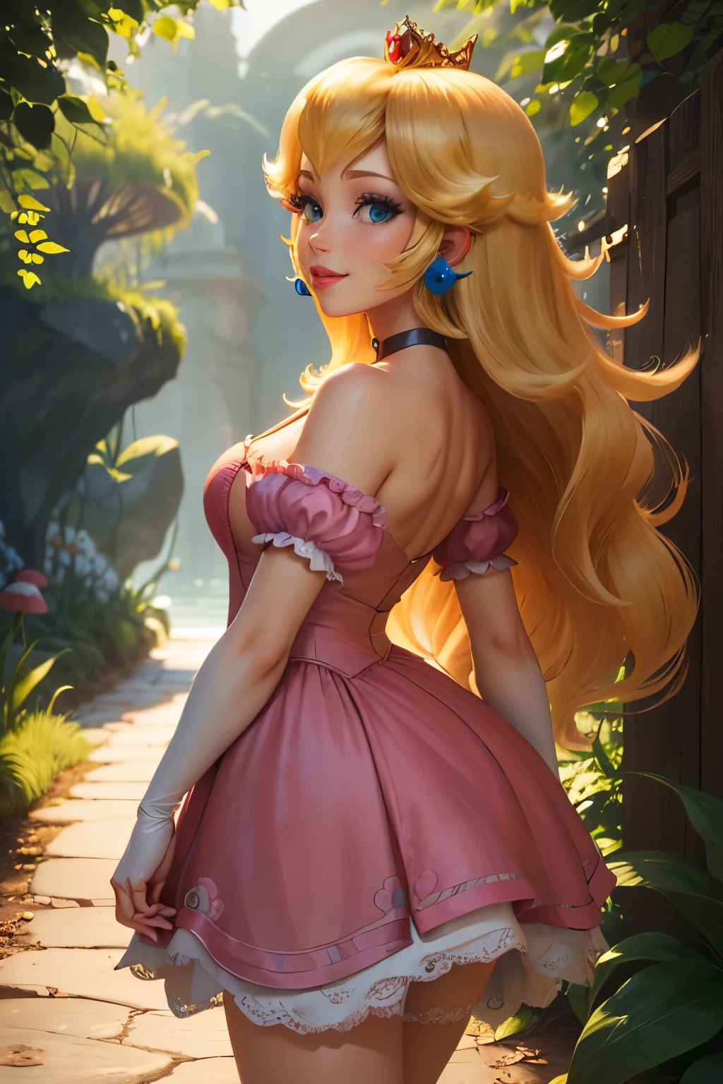 highres, masterpiece, perfect ligthing, bloom, cinematic lighting, adult, perfect skin, female, from side, cowboy shot, smile, narrow waist, skinny,  (PrincessPeach), (Princess Peach), (Pink Dress), detailled eyes, blue eyes, choker, sensual, mushrooms,mushroom kingdom, pink lips, ((glossy lips)), pursed lips, pink pumps, glossy skin, oily skin, beautiful light, (day:1.3), bright,