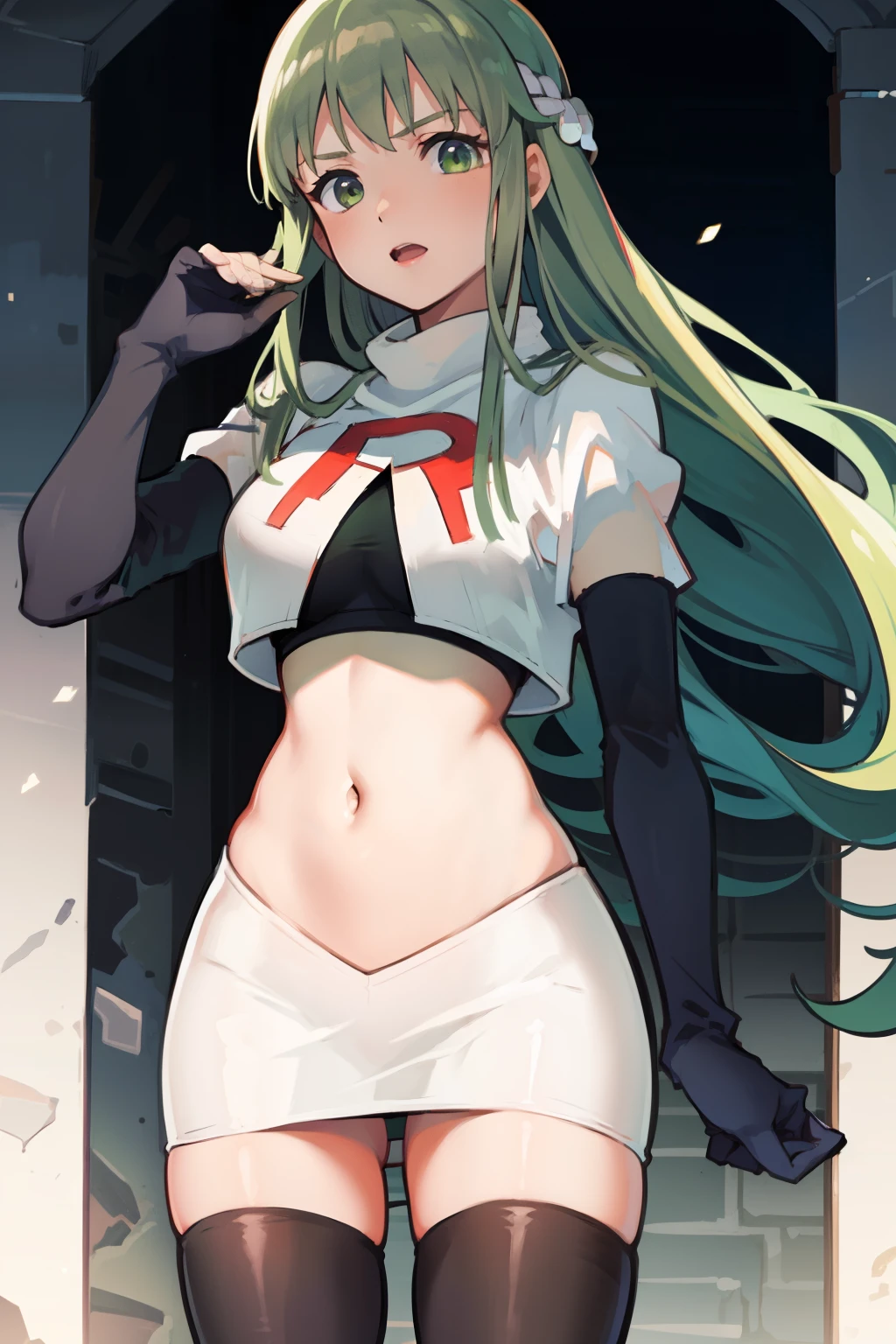 Palla (Fire Emblem), long hair, green hair ,1girl,team rocket,team rocket uniform, red letter R, white skirt,white crop top,black thigh-highs,black elbow gloves, 