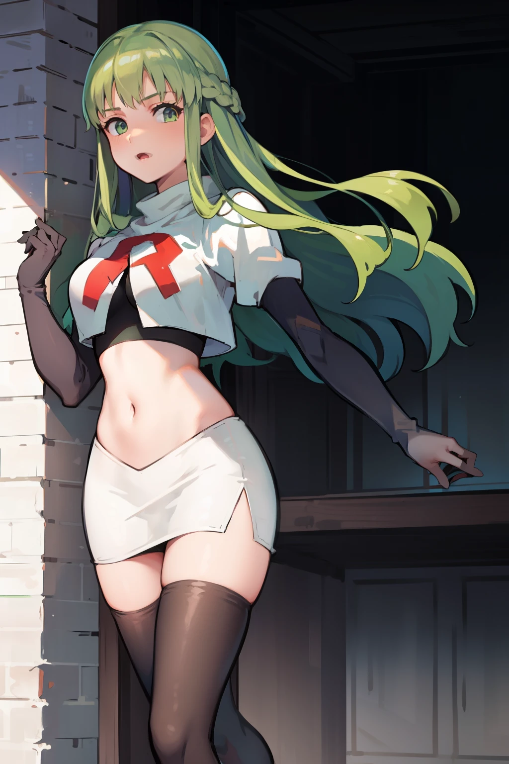 Palla (Fire Emblem), long hair, green hair ,1girl,team rocket,team rocket uniform, red letter R, white skirt,white crop top,black thigh-highs,black elbow gloves, 