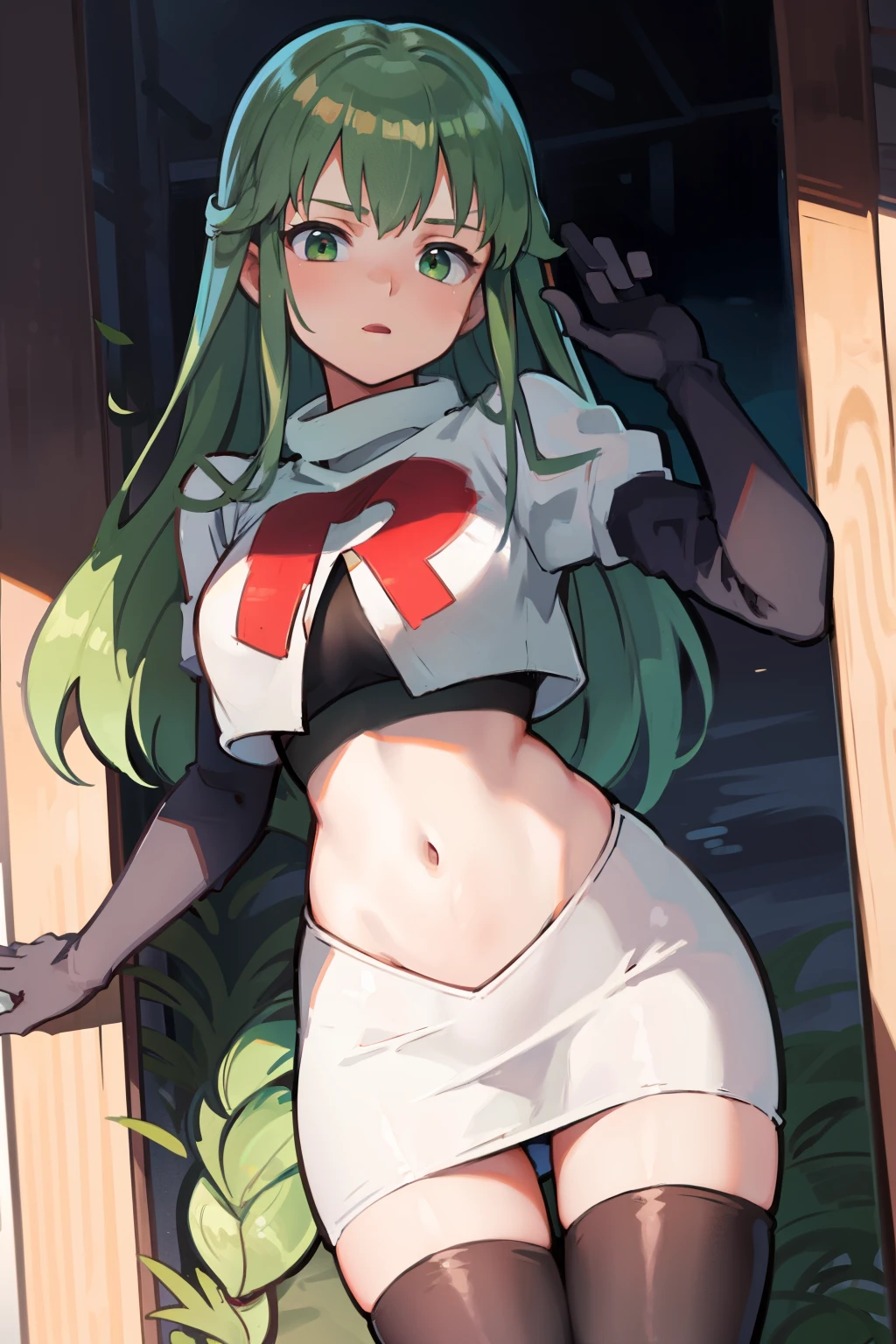 Palla (Fire Emblem), long hair, green hair ,1girl,team rocket,team rocket uniform, red letter R, white skirt,white crop top,black thigh-highs,black elbow gloves, 