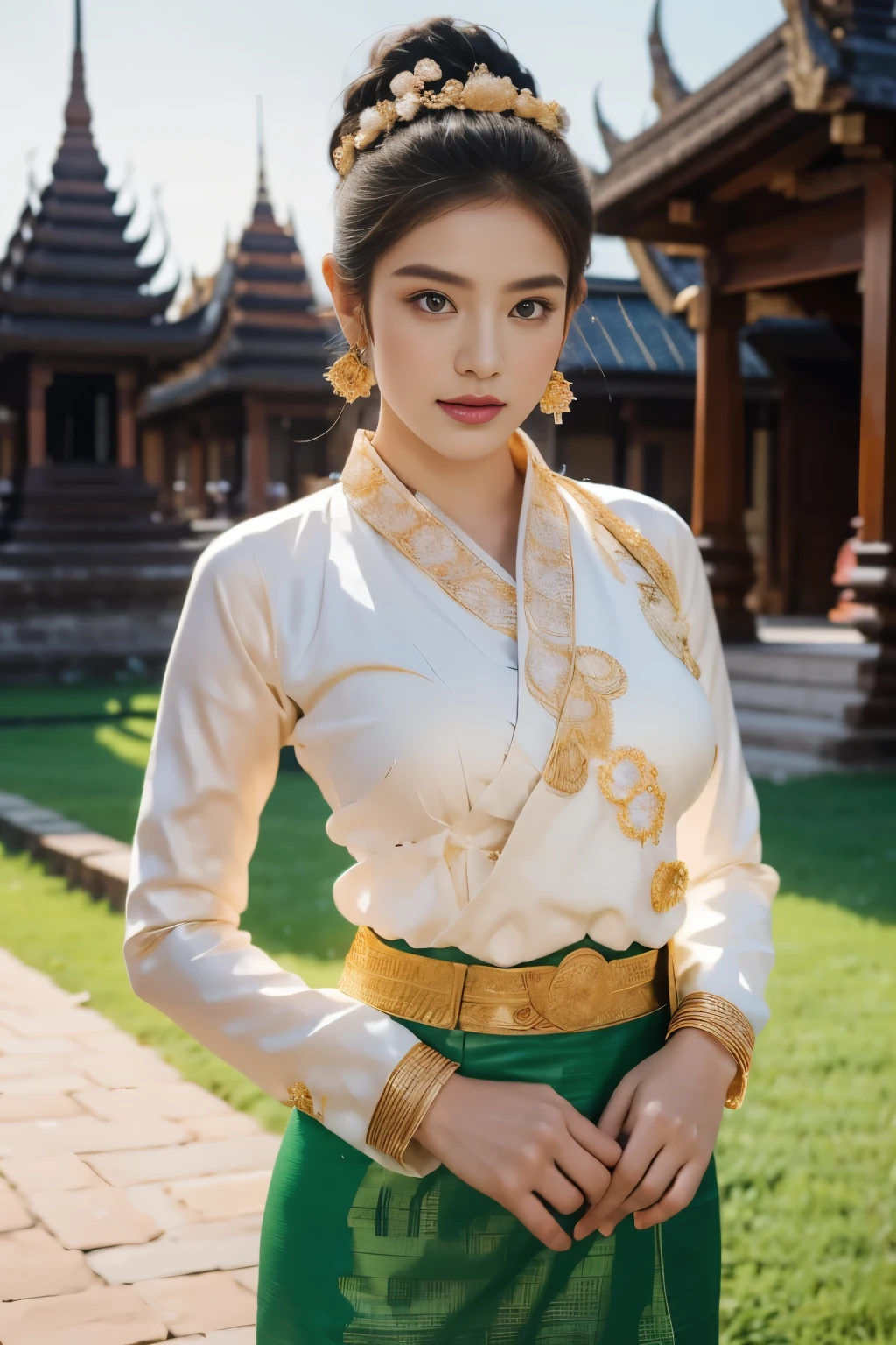 A beautiful young woman of Tai Khun descent, adorned in a meticulously crafted Keng Tong Tai Khun traditional outfit, stands gracefully against the backdrop of the majestic Bagan temples. Her attire shimmers with intricate embroidery and gold accents, each element carefully chosen to reflect the rich cultural heritage of her people.

Details:

Facial features: The woman's face is radiant and youthful, with delicate features and captivating eyes that sparkle with warmth and intelligence. Her hair is styled in a messy bun adorned with fresh flowers and secured with a gold pin, adding a touch of elegance and whimsy.
Traditional outfit: The Keng Tong Tai Khun outfit is a top tank style masterpiece of craftsmanship, featuring vibrant silks, intricate embroidery, and delicate gold embellishments. The long, flowing skirt cascades gracefully around her legs, while the fitted bodice accentuates her slender figure. A traditional headdress adds a regal touch to her ensemble.
Accessories: The woman's beauty is further enhanced by a dazzling array of traditional jewelry. Bangle bracelets encircle her wrists, a statement necklace adorns her neck, and delicate earrings dangle from her ears. Each piece is intricately crafted and adds a touch of luxury to her overall look.
Bagan temples background: The ancient Bagan temples provide a breathtaking backdrop for the portrait. Their weathered brickwork and towering spires add a touch of grandeur and mystery to the scene. The warm hues of the sunrise or sunset bathe the temples in a golden glow, creating a truly magical atmosphere.