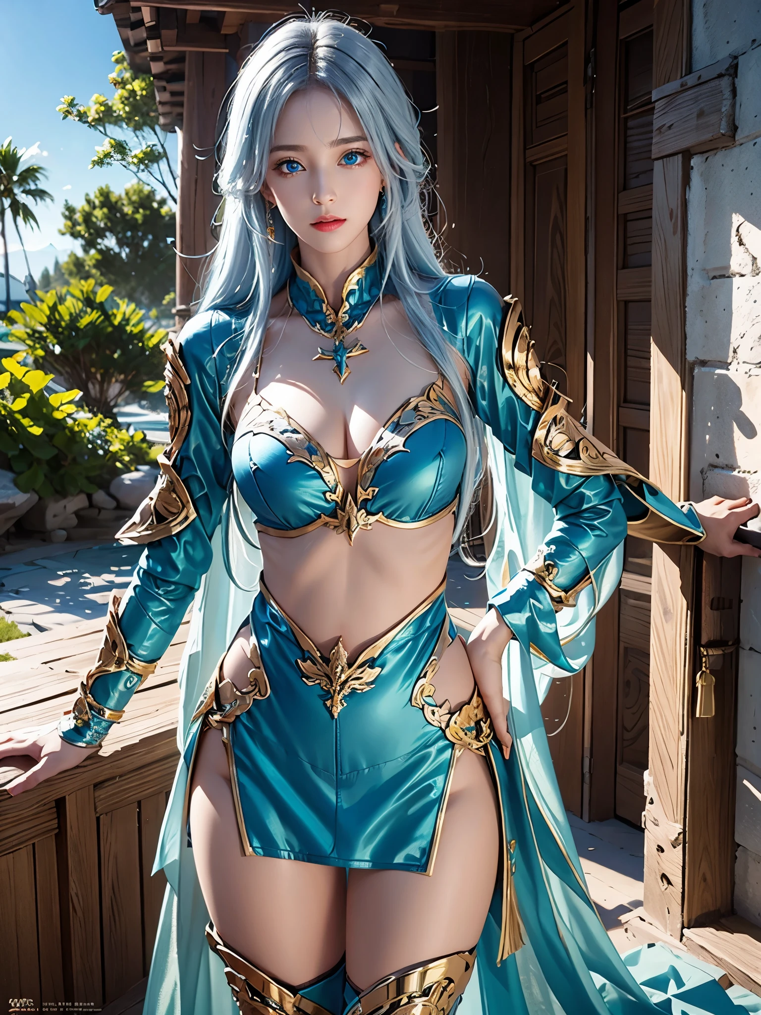 photorealistic, high resolution, soft lights, 1women, solo, hips up, look at viewer, (detailed face), blue eyes, white hair, long hair, photorealistic, masterpiece, photorealistic, high resolution, soft light, hips up, (blue eyes), starryskybackground,Wearing shiny gold armor, Sexy lingerie type armor,Expose your chest,Expose the waistline,Exposing thighs,cool-pose, Saint Seiya Armor, messy hair,high detal, Anime style, Cinematic lighting, Sparkle, god light, Ray traching, filmgrain, hyper HD, textureskin, super detailing, Anatomical correct, A high resolution,Ultra-high saturation,hight contrast,High-gloss armor,,Serious expressions,Dark room,