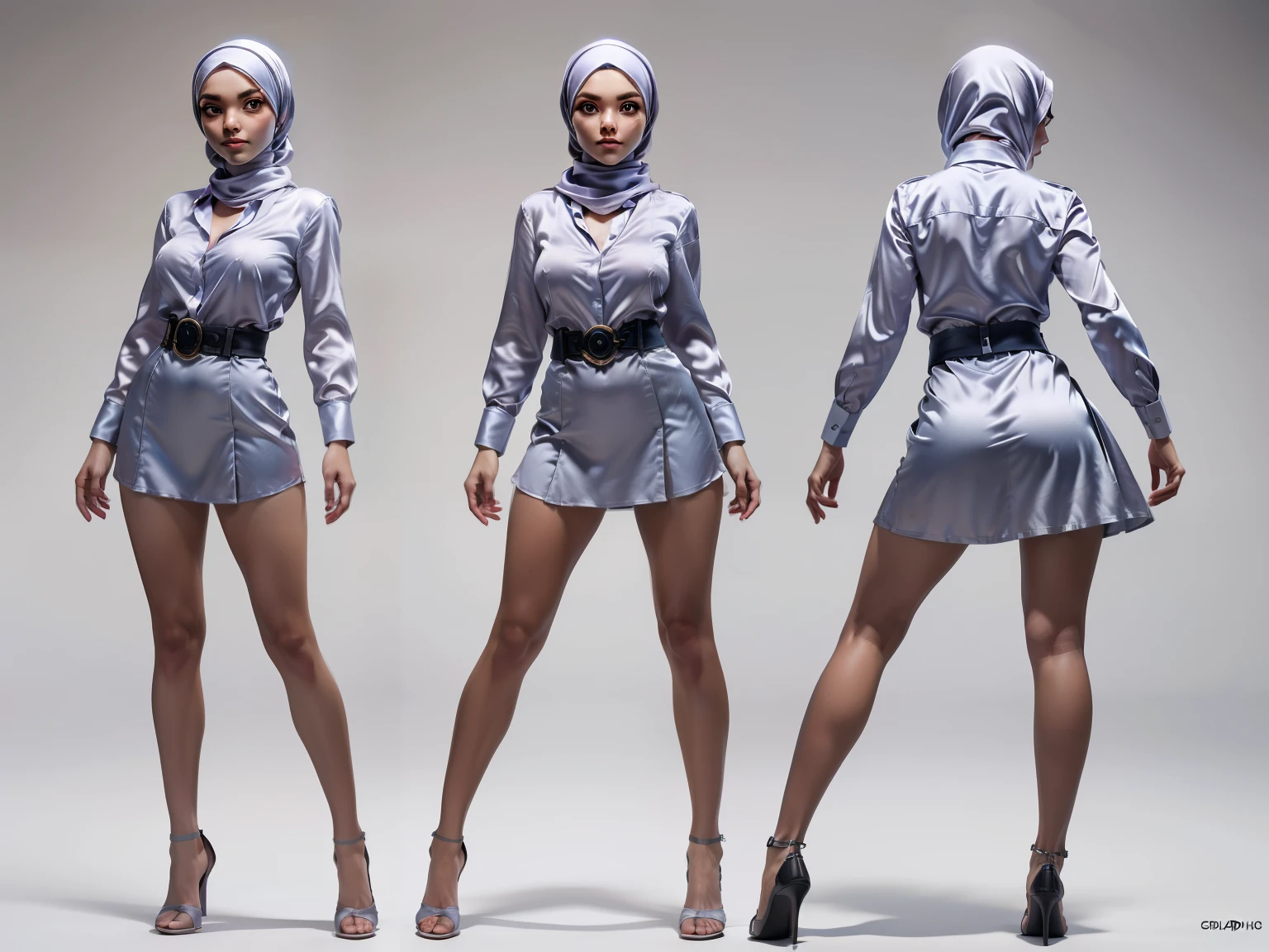 (CharacterSheet:1), 1girl, (gray satin shirt:1.2), ( satin ling skirts:waist to ankle), thick thighs, Blue satin hijab, brown eyes, big breast, (multiple views, full body, upper body, reference sheet:1),
(white background, simple background:1.2),(dynamic_pose:1.2),
(masterpiece:1.2), (best quality, highest quality), (ultra detailed), (8k, 4k, intricate), (50mm), (highly detailed:1.2),(detailed face:1.2), detailed_eyes,(gradients),(ambient light:1.3),(cinematic composition:1.3),(HDR:1),Accent Lighting,extremely detailed,original, highres,(perfect_anatomy:1.2),