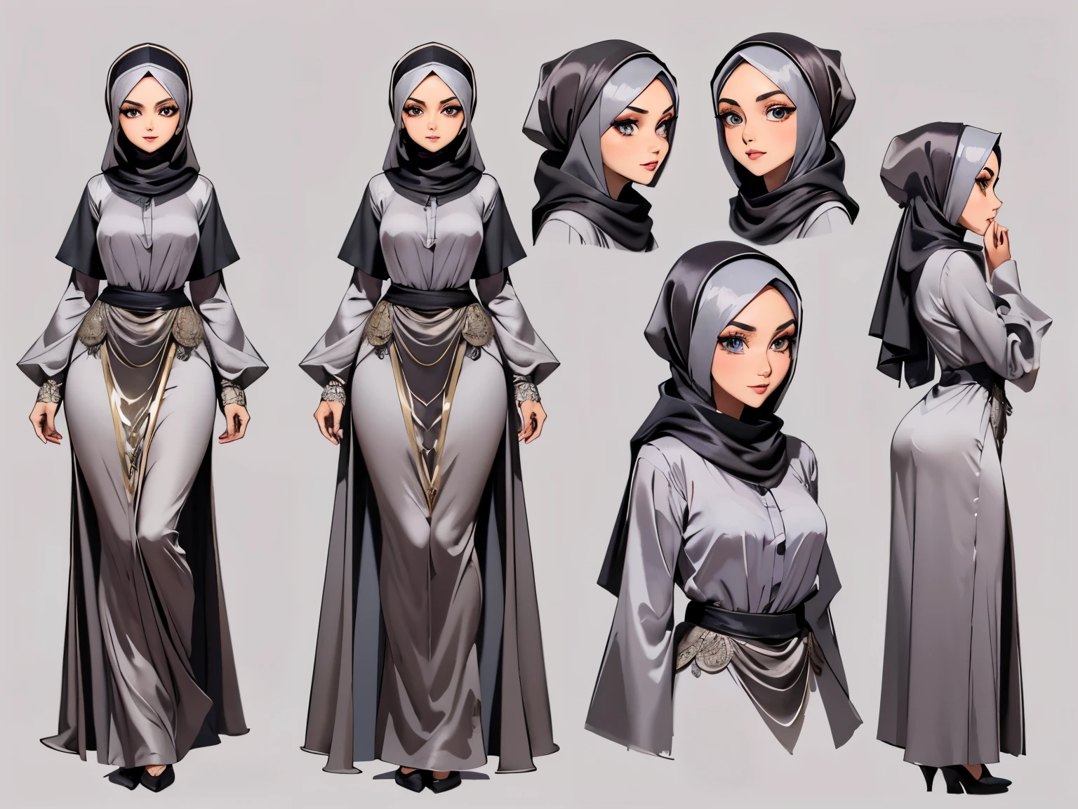 Character Design - a character design sheet of a beautiful hijab girl character, beautifully makeup, eyeshadow, Parted Lips, detailed eyes, beautiful big eyes, long eye lashes, smile,. She's dresses (Dark gray satin headscarf)), loosely tide hijab style, ((Taupe satin shirt)), satin long skirt. Cartoon style, front, side and back views