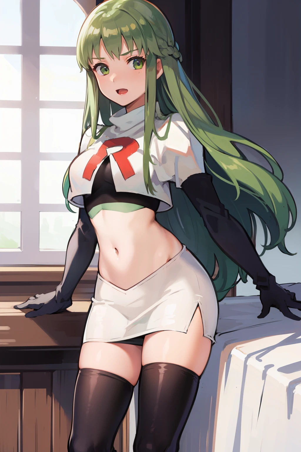 Palla (Fire Emblem), long hair, green hair ,1girl,team rocket,team rocket uniform, red letter R, white skirt,white crop top,black thigh-highs,black elbow gloves, 