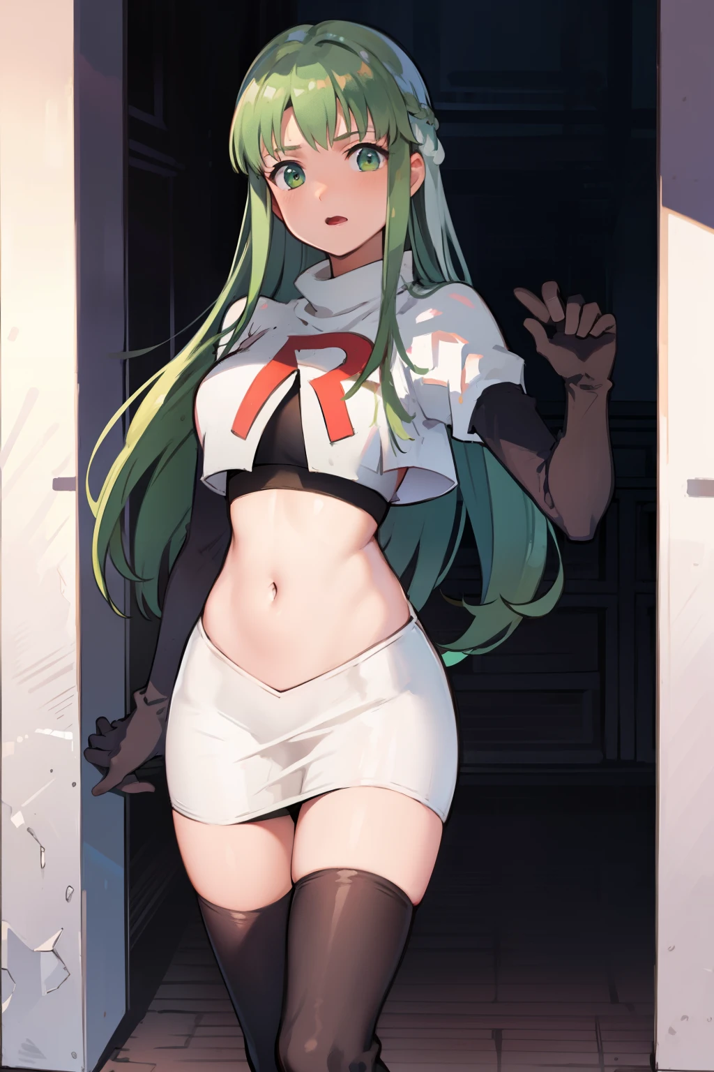 Palla (Fire Emblem), long hair, green hair ,1girl,team rocket,team rocket uniform, red letter R, white skirt,white crop top,black thigh-highs,black elbow gloves, 