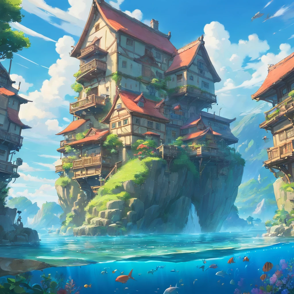 color (fantasy: 1.2), (Hayokaze Miyazaki), (Irregular buildings floating in the sea), Patchwork Cottage, flower decoration, light, Concept Art Inspired by Andreas Rocha, Artstation contest winner, fantasy art, (Underwater city), Ross Tran, lightシャフト, realistic lighting, masterpiece, high quality, beautiful graphics, high detail, masterpiece, high quality, beautiful graphics, high detail, --v6