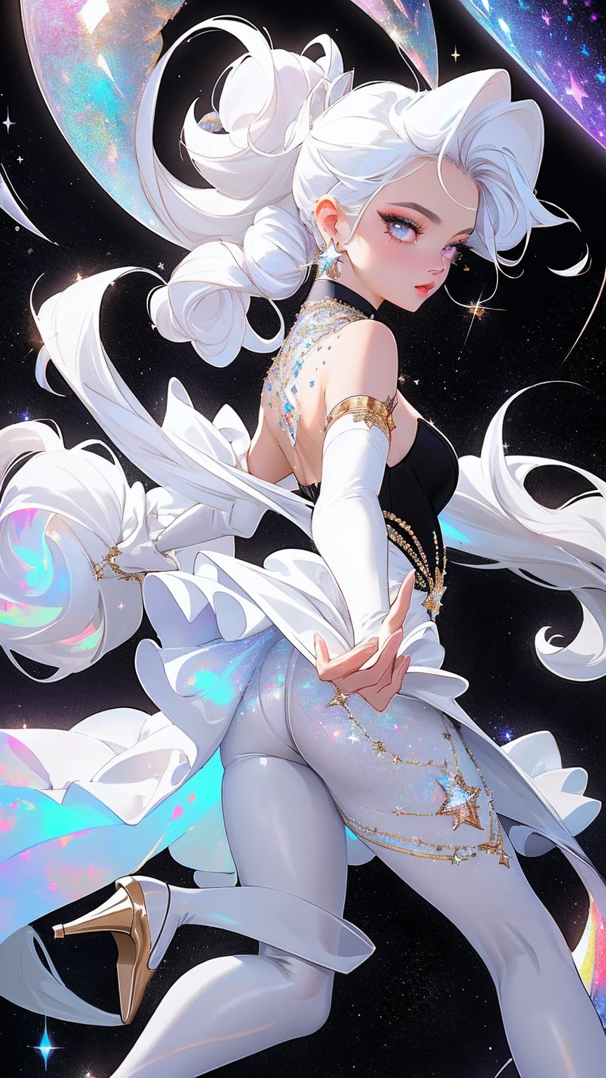 ((best quality)), ((masterpiece)), (detailed), beautiful young woman, royal and well defined facial features, alabaster white skin, oval shaped face, starry pink lips, starry pupiled eyes( 8 pointed star pupils), sleek and wavy two tone astral colored hair(moonlight blue, silver), twintails, slim thick, athletic build, D-cup breasts, slim waist, large round ass, short height(165cm), modern royal fantasy setting, elegant battle dress