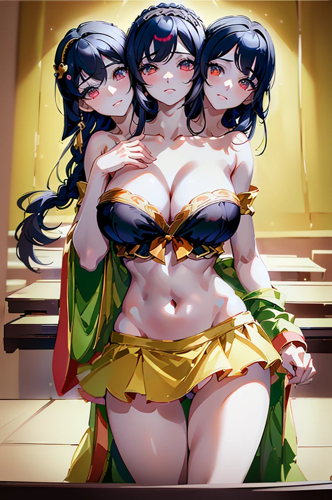 (masterpiece, best quality),best quality, (ultra-detailed), (3heads:1.4), 1girl, (houraisan kaguya:1.3), masterpiece, best quality, pink top, crop top, ((stomach)), midriff, ((groin)), pink skirt, normal ears, shackles, black hair, very long hair, wavy hair, sidelocks, brown eyes, parted lips, single horn, sweat, cute, toned belly, hand on own chest, eyelashes, (24 year old woman:1.3), (masterpiece:1.4), (best quality:1.4), (beautiful detailed, extremely detailed CG, extremely delicate and beautiful, depth of field, (finely detailed face), (perfect details:1.0), (mature female:1.3), wide pelvis, slender, large veiny breast, 8k resolution, high quality, high definition, extremely detailed, masterpiece, best quality, black hair, long hair, alluring presence, braid, short skirt, close up, big tits, young, hairband, hime cut, frills,