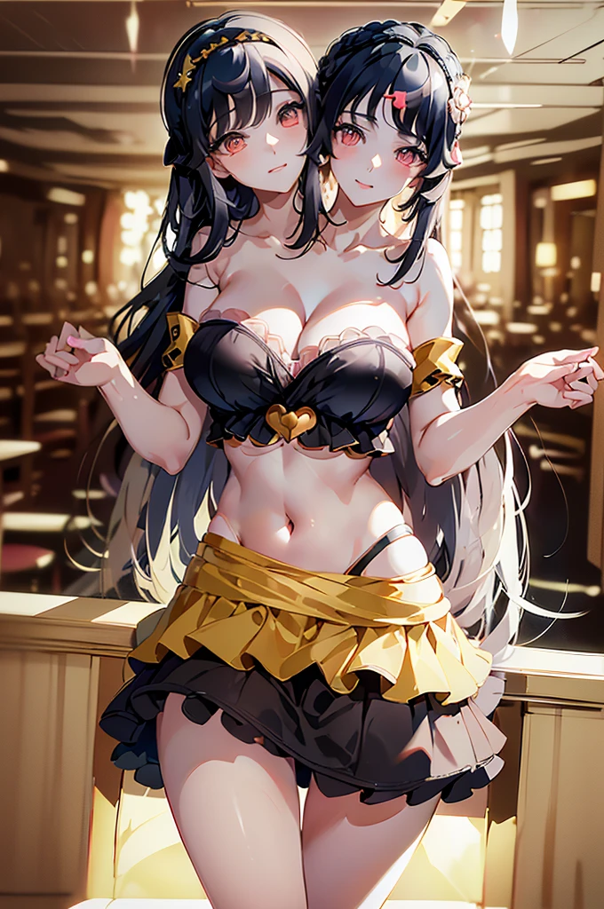 (masterpiece, best quality),best quality, (ultra-detailed), (3heads:1.4), 1girl, (houraisan kaguya:1.3), masterpiece, best quality, pink top, crop top, ((stomach)), midriff, ((groin)), pink skirt, normal ears, shackles, black hair, very long hair, wavy hair, sidelocks, brown eyes, parted lips, single horn, sweat, cute, toned belly, hand on own chest, eyelashes, (24 year old woman:1.3), (masterpiece:1.4), (best quality:1.4), (beautiful detailed, extremely detailed CG, extremely delicate and beautiful, depth of field, (finely detailed face), (perfect details:1.0), (mature female:1.3), wide pelvis, slender, large veiny breast, 8k resolution, high quality, high definition, extremely detailed, masterpiece, best quality, black hair, long hair, alluring presence, braid, short skirt, close up, big tits, young, hairband, hime cut, frills,