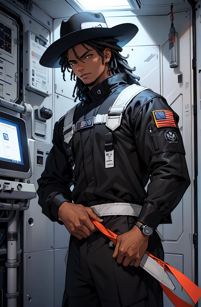 terno preto social completo, calelo curto black, medium black cowboy hat, homen jovem, on a space station, afro,