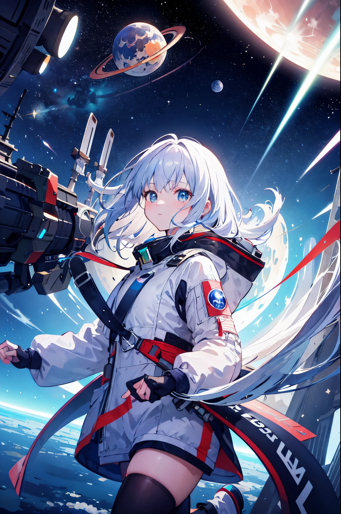 girl flying into space, very detailed face, max quality, immensity, two worlds colliding, Awesome bright colors, ighly detailed, The perfect world, Reflective surfaces, Subsurface Dispersion, Beyond imagination, in 8K, wide angles, Sci-fi world, kosmos, planets, a moon