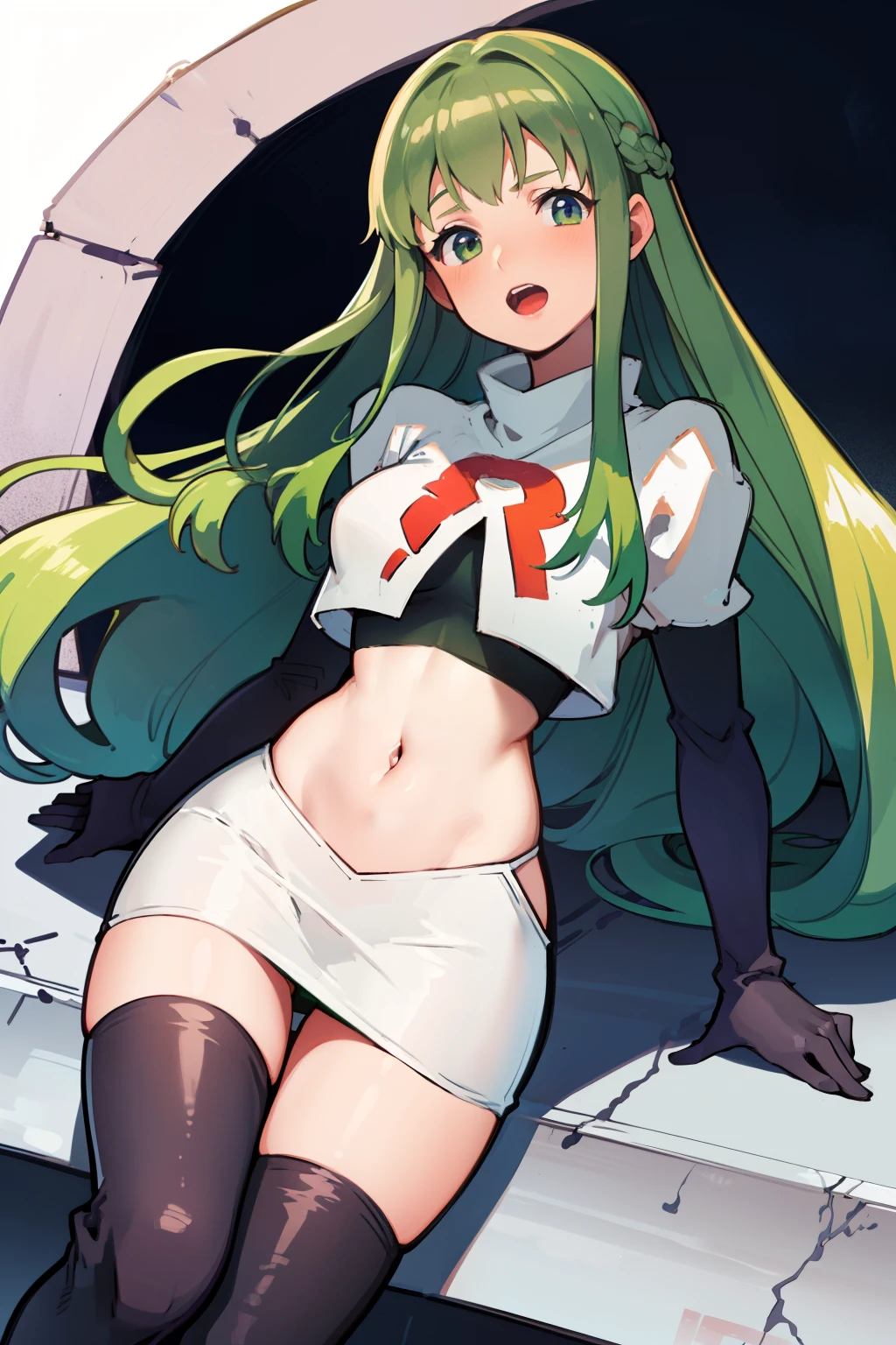 Palla (Fire Emblem), long hair, green hair ,1girl,team rocket,team rocket uniform, red letter R, white skirt,white crop top,black thigh-highs,black elbow gloves, 