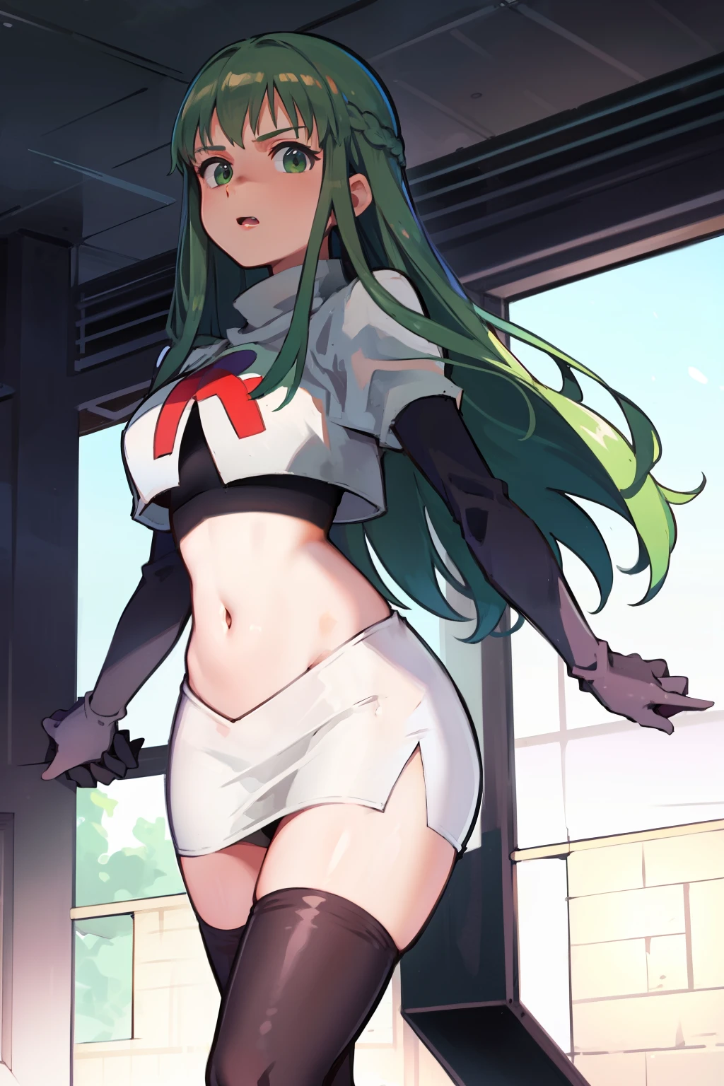 Palla (Fire Emblem), long hair, green hair ,1girl,team rocket,team rocket uniform, red letter R, white skirt,white crop top,black thigh-highs,black elbow gloves, 