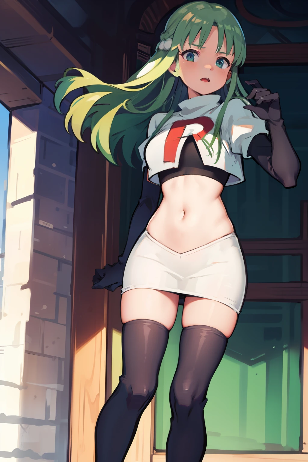 Palla (Fire Emblem), long hair, green hair ,1girl,team rocket,team rocket uniform, red letter R, white skirt,white crop top,black thigh-highs,black elbow gloves, 