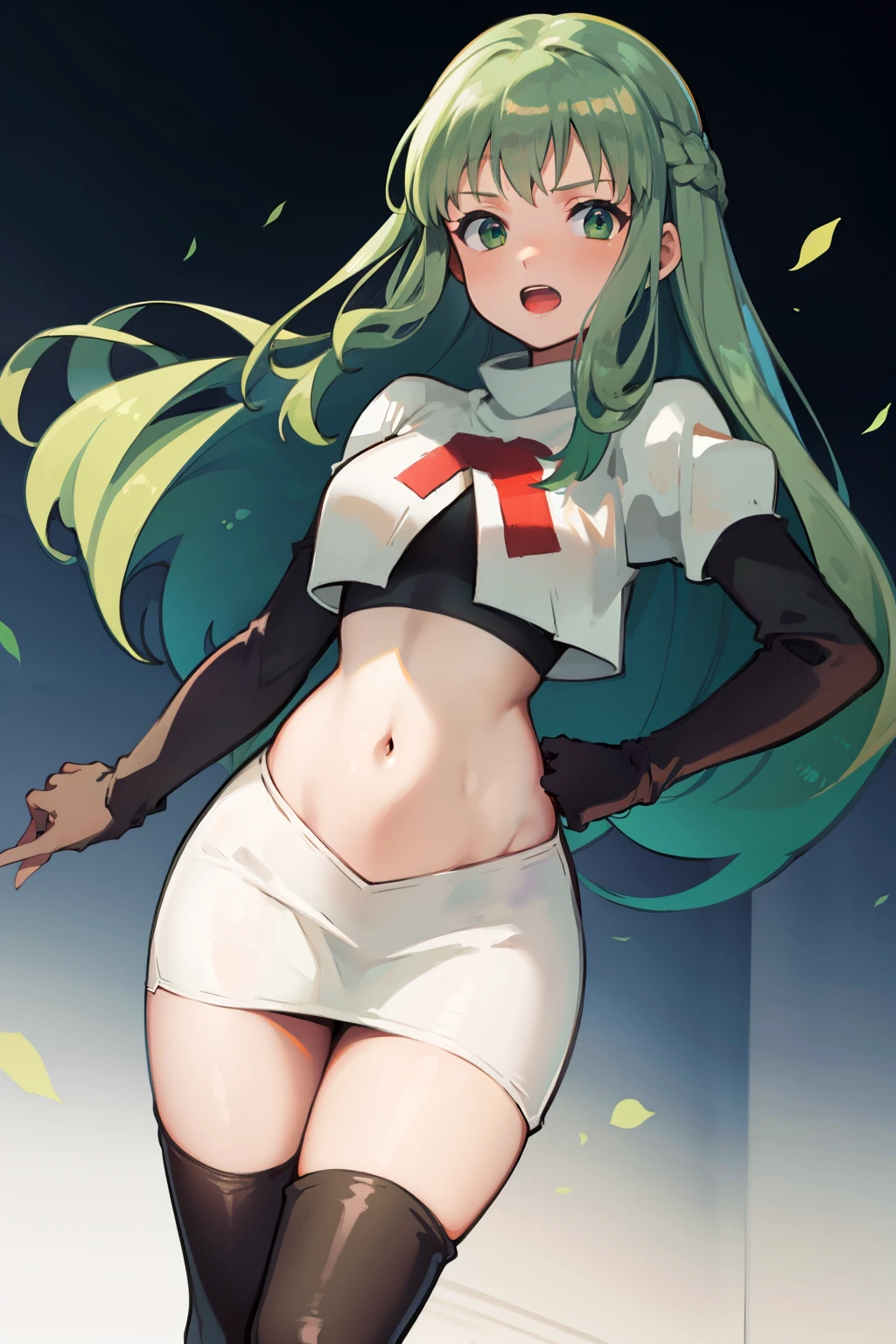 Palla (Fire Emblem), long hair, green hair ,1girl,team rocket,team rocket uniform, red letter R, white skirt,white crop top,black thigh-highs,black elbow gloves, 