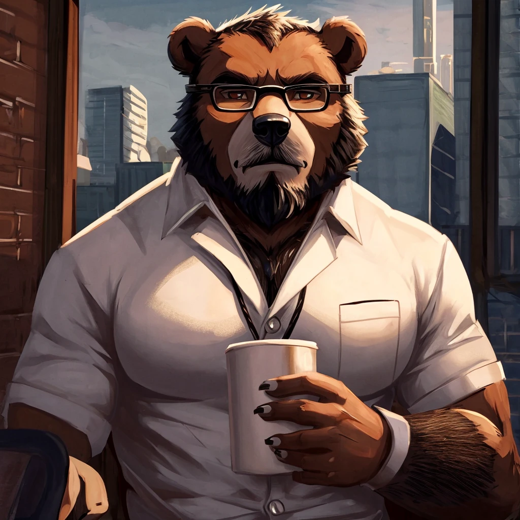 anthro furry bear in an office, stout, fat, glasses, serious expression, full beard, hairy holding a cup of coffee, wearing office suit, boss, daddy, in the style of street style realism, gigantic scale, dark, solarizing master, close-up, handsome, looking at you, 