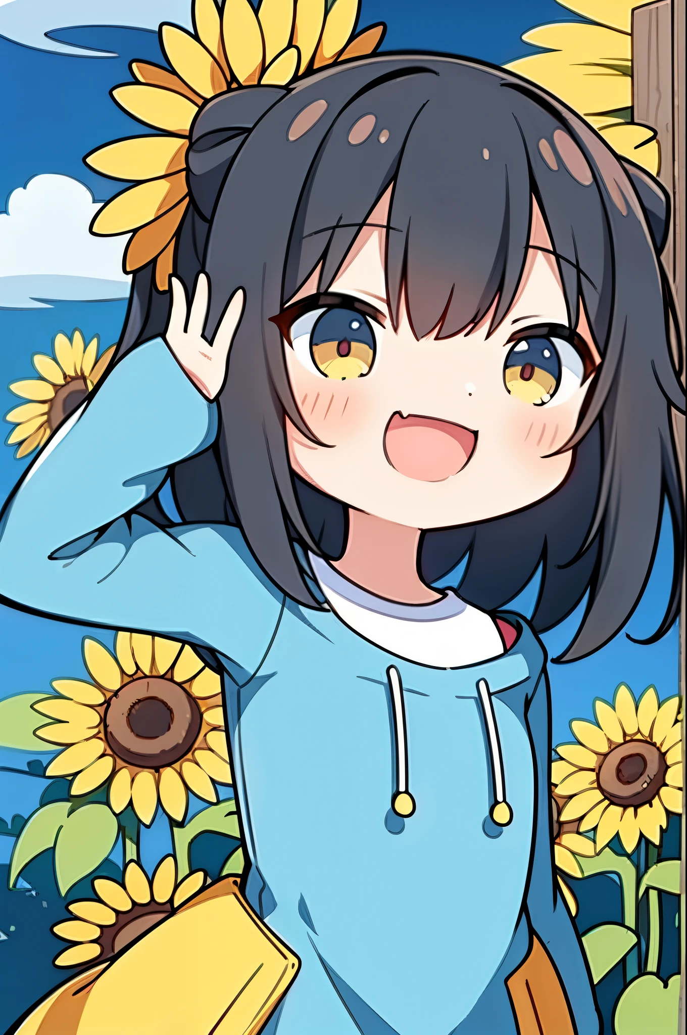 A female artist who expresses sunflowers with her body.、open your mouth and laugh、cute pose
