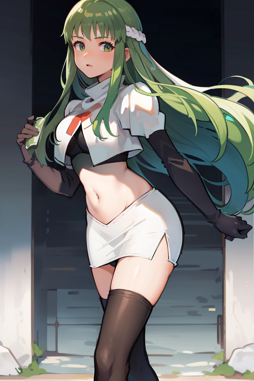 Palla (Fire Emblem), long hair, green hair ,1girl,team rocket,team rocket uniform, red letter R, white skirt,white crop top,black thigh-highs,black elbow gloves, 