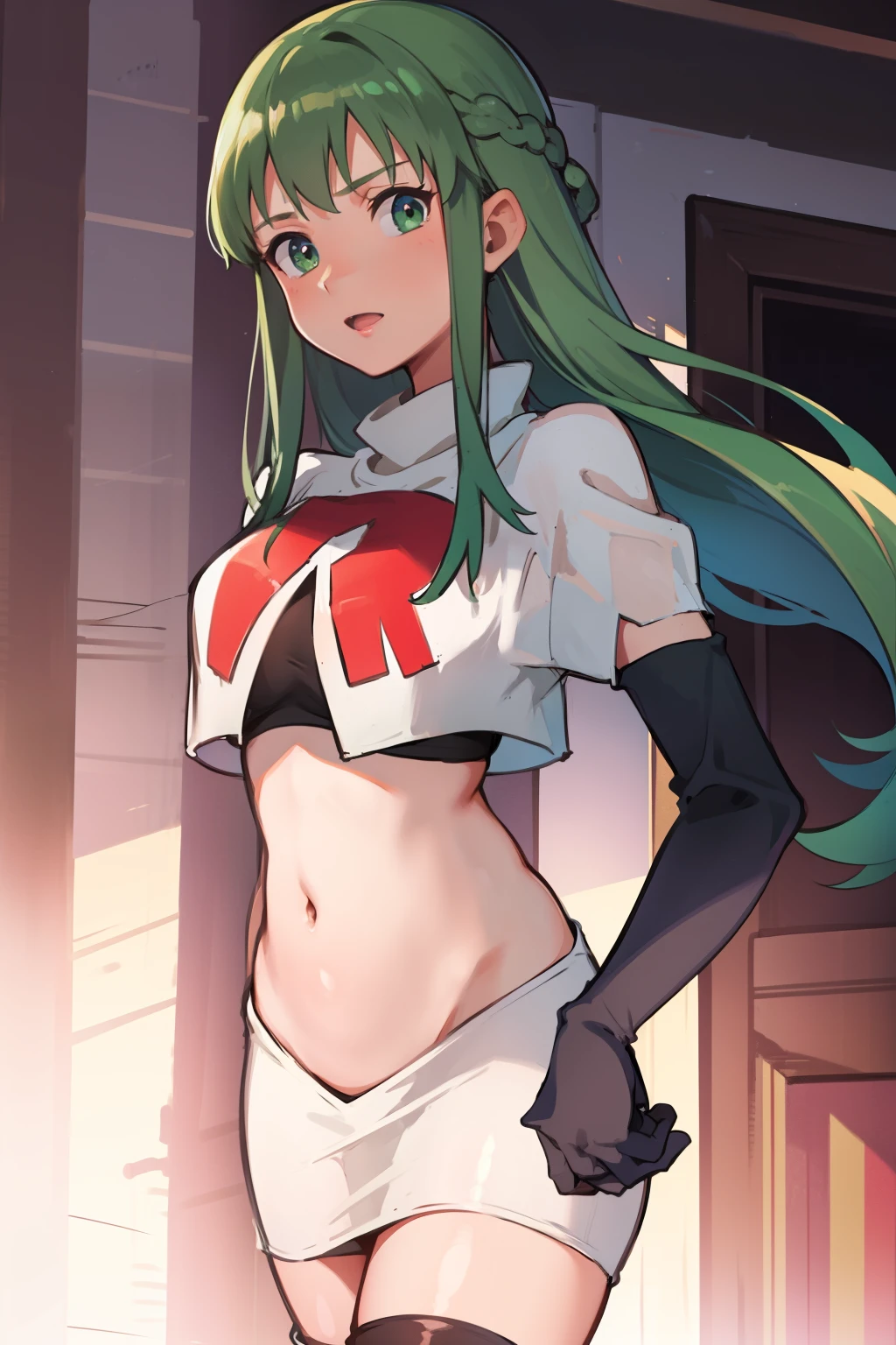 Palla (Fire Emblem), long hair, green hair ,1girl,team rocket,team rocket uniform, red letter R, white skirt,white crop top,black thigh-highs,black elbow gloves, 