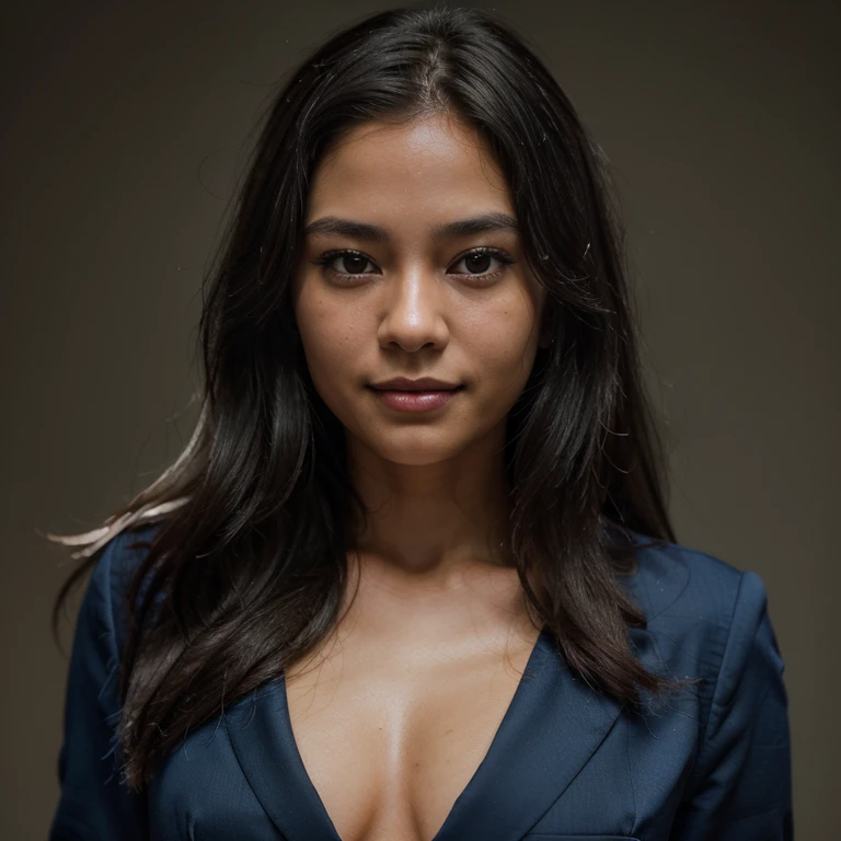 girl 25 years old, (masterpiece), Indonesian skin tone, best quality, expressive eyes, perfect face, (ultra realistic), (blue Formal Suit), Smile, Long Black Hair, innocent face, natural wavy hair, brown eyes, High resolution, masterpiece, Best quality, intricate high detail, highly detailed, focus sharp focus, detailed skin, realistic skin texture, texture, detailed eyes, professional, 4K, charming smile, filmed on Canon, 85 mm, shallow depth of field, Kodak Vision Color, perfect fit body, Extremely detailed, photograph_\(ultra\ ), photoreallistic, Realstic, Post-processing, Maximum details, roughness, real life, ultra realist, photorealism, photography, 8K UHD, photography