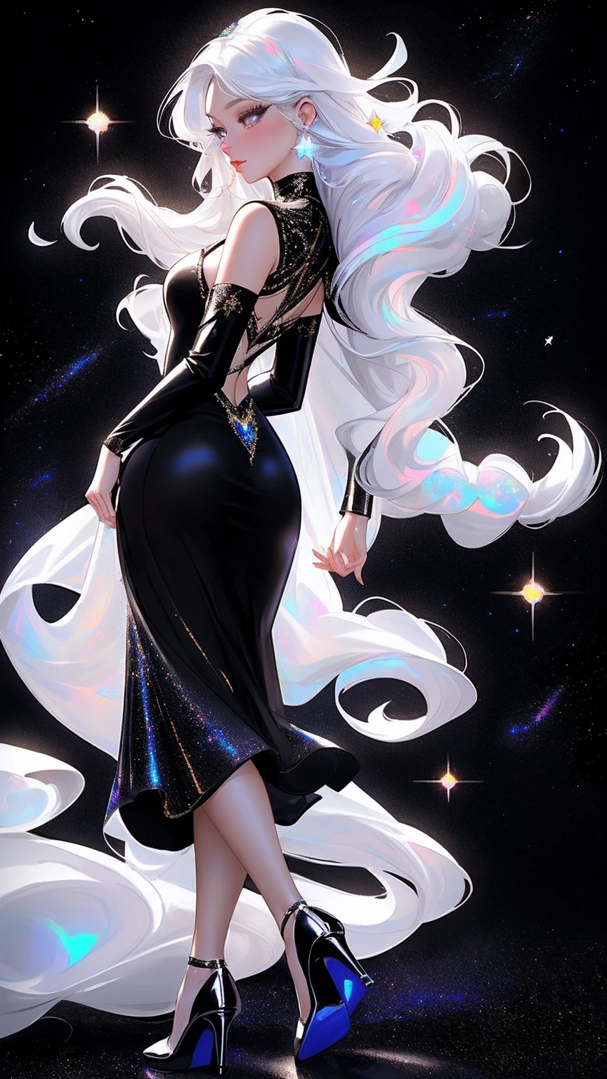 {-erro_de_anatomia:1.0} masterpiece, highest quality, (perfect face:1.1, (high detail)1.1, sweet stardust vampire , long soft white hair, opal eyes, perfectly drawn face, black dress, stars detailed background, prismatic lighting, glitter, whole body, Dancing lightly. backwadrs, Looking back. Very sexy, with chin resting on shoulder , walkink on the stars with cristal shoes.